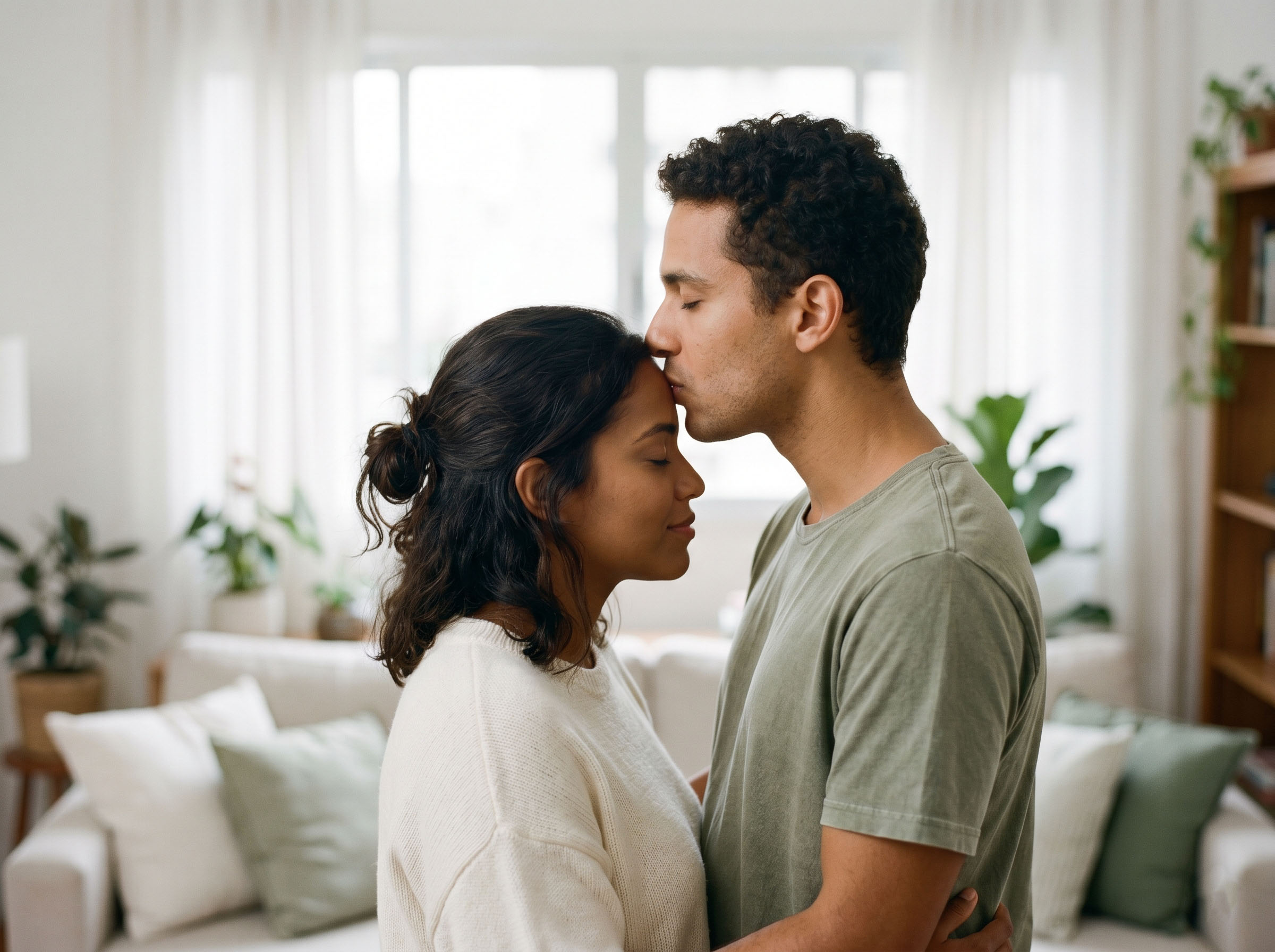 Um homem dando um beijo gentil na testa de uma mulher sob a luz suave da manhã, expressando amor através do toque