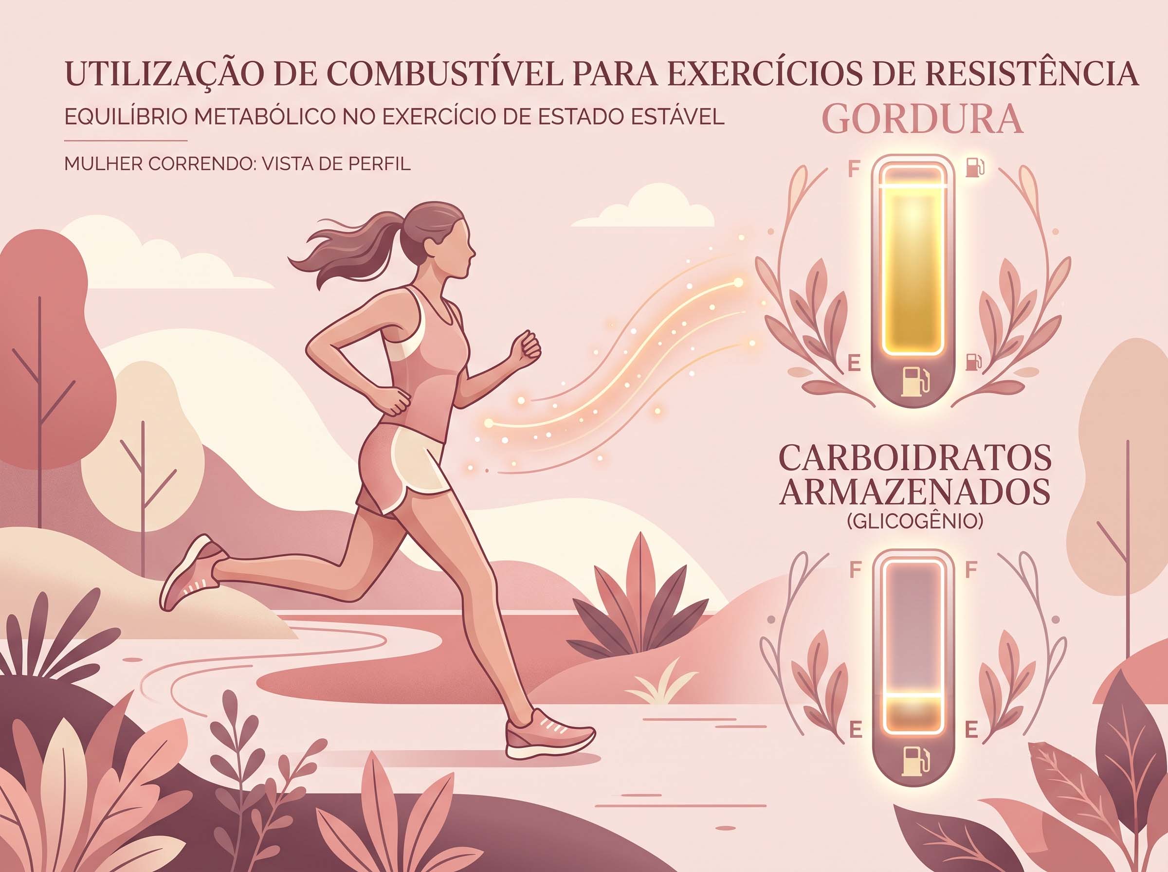 Ilustração comparando a mistura de combustível que o corpo de uma mulher usa durante o exercício de resistência constante, favorecendo a gordura em relação aos carboidratos armazenados