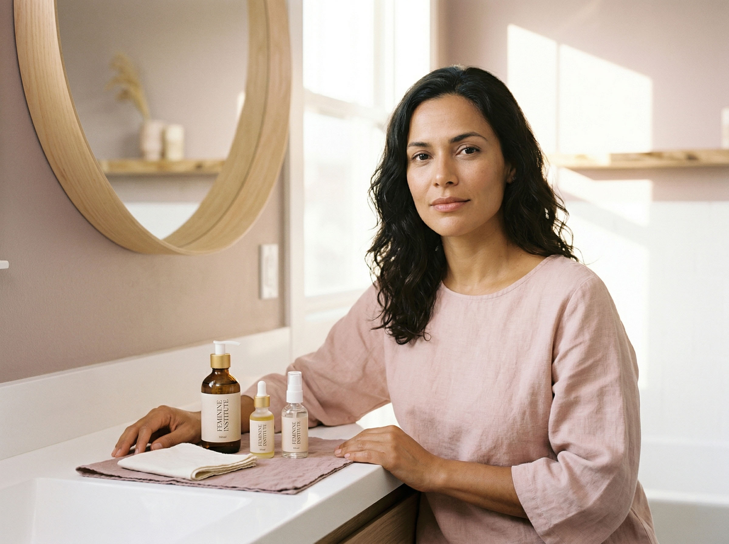 Mulher em um banheiro iluminado analisando produtos de cuidados com a pele e higiene em uma penteadeira