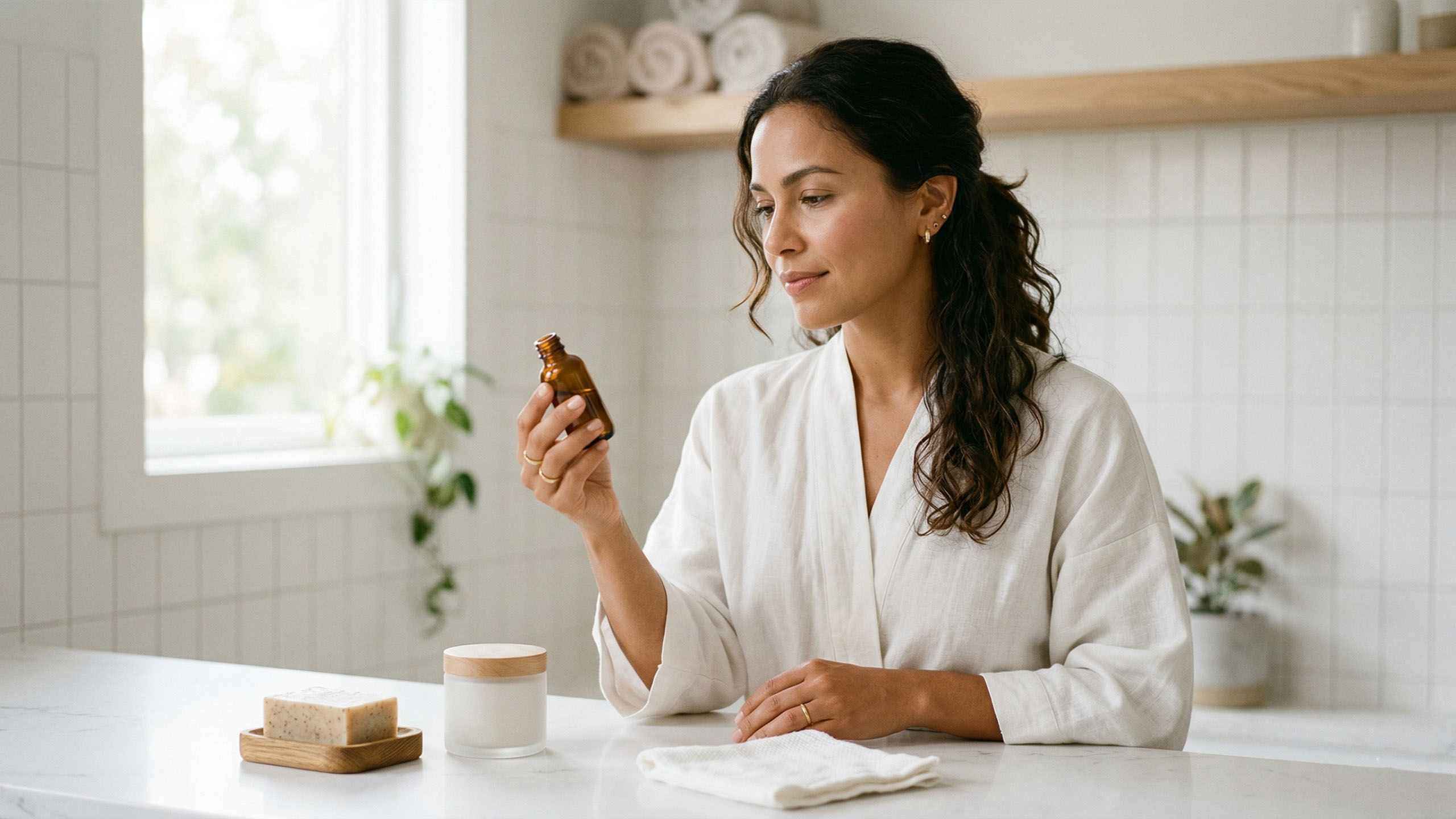 Mulher analisando produtos de higiene em um banheiro limpo, representando cuidados baseados no microbioma