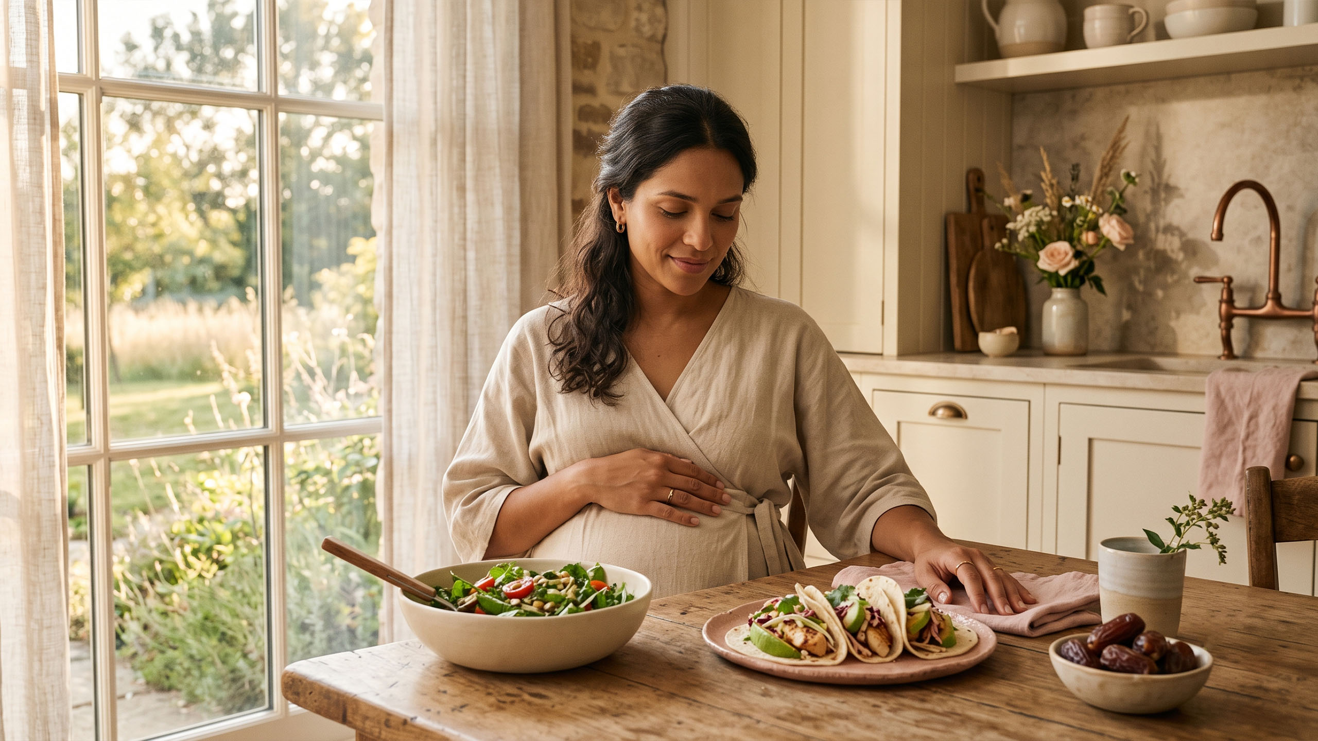 Mulher grávida em uma cozinha iluminada pelo sol ao lado de uma salada, tacos e tâmaras representando os mitos para induzir o parto