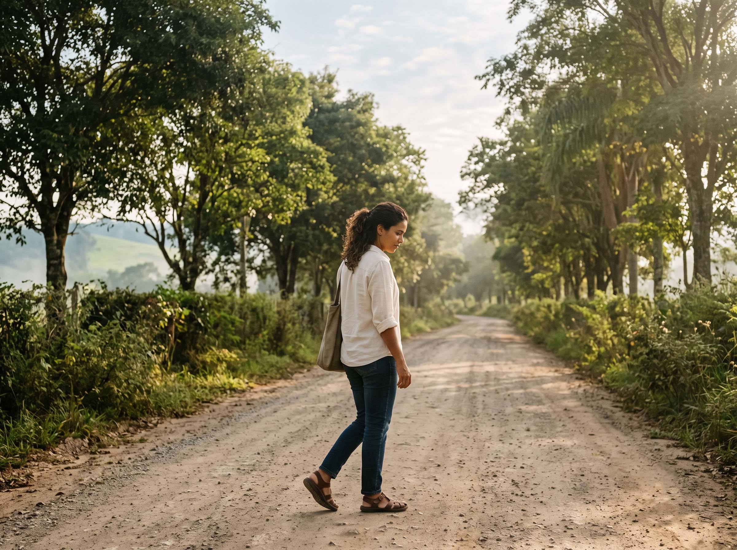 Uma mulher caminhando sozinha por uma estrada rural tranquila e arborizada sob uma luz suave da manhã