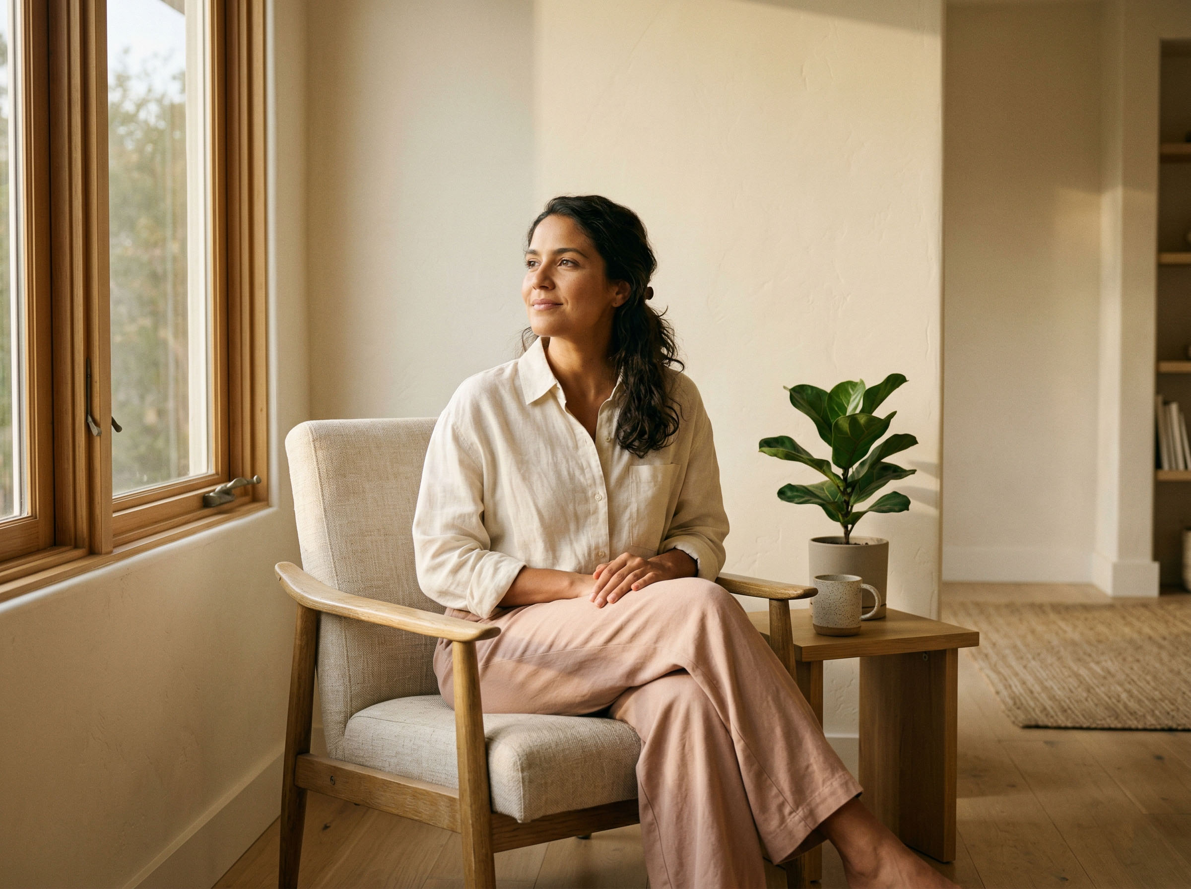 Uma mulher sentada calmamente em um espaço ensolarado, parecendo calma e confiante — representando a autoconsciência e o conhecimento do corpo