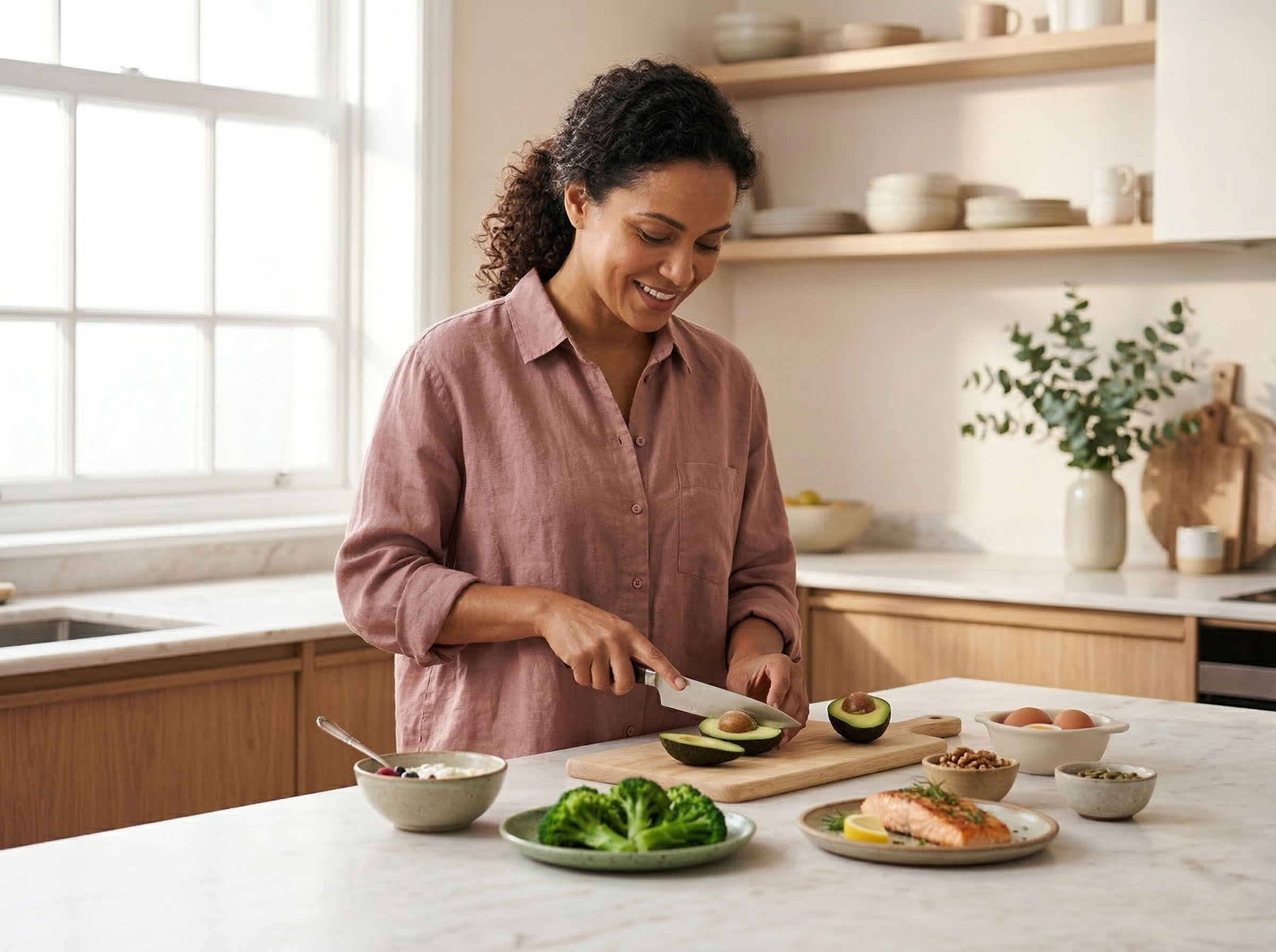 Uma mulher a preparar uma refeição nutritiva com alimentos que apoiam as hormonas numa cozinha luminosa.