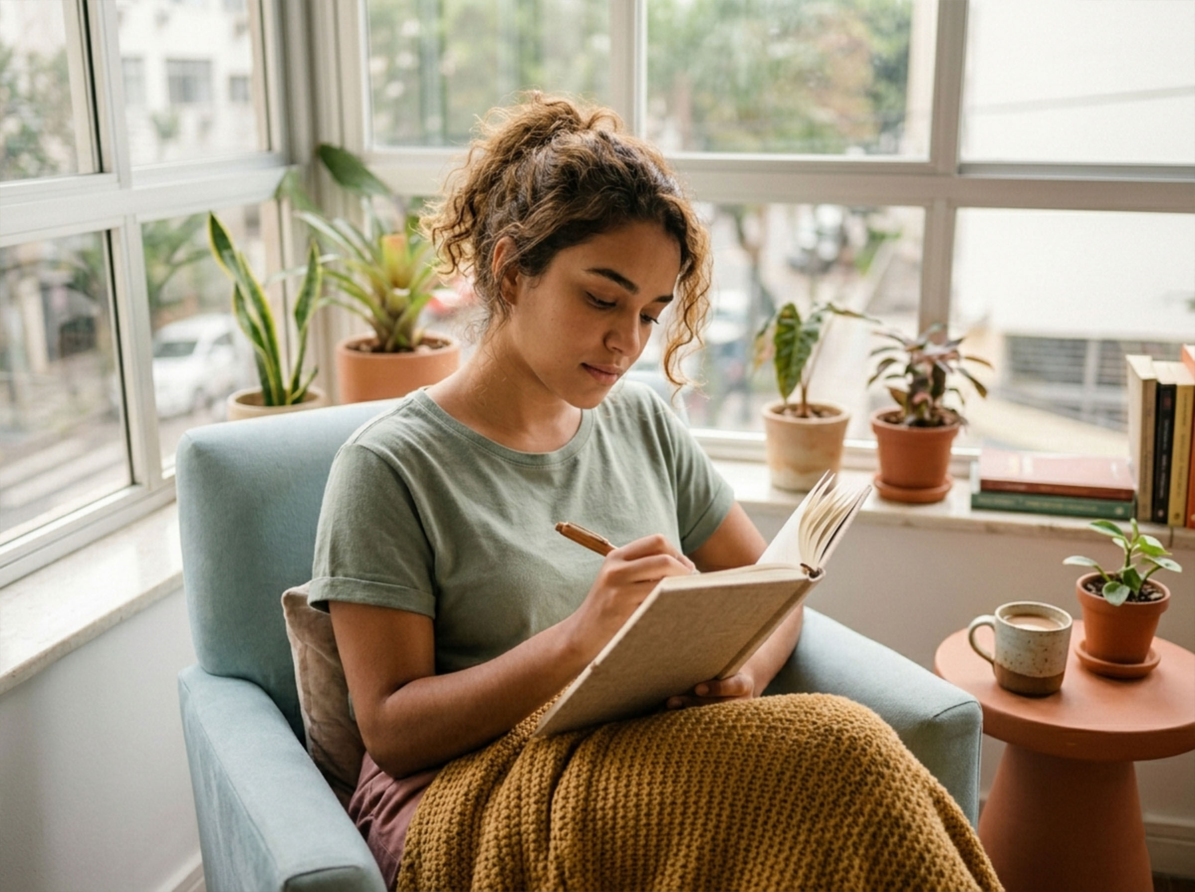 Uma mulher sentada perto de uma janela com um diário, refletindo pensativamente sobre suas emoções e comunicação no relacionamento