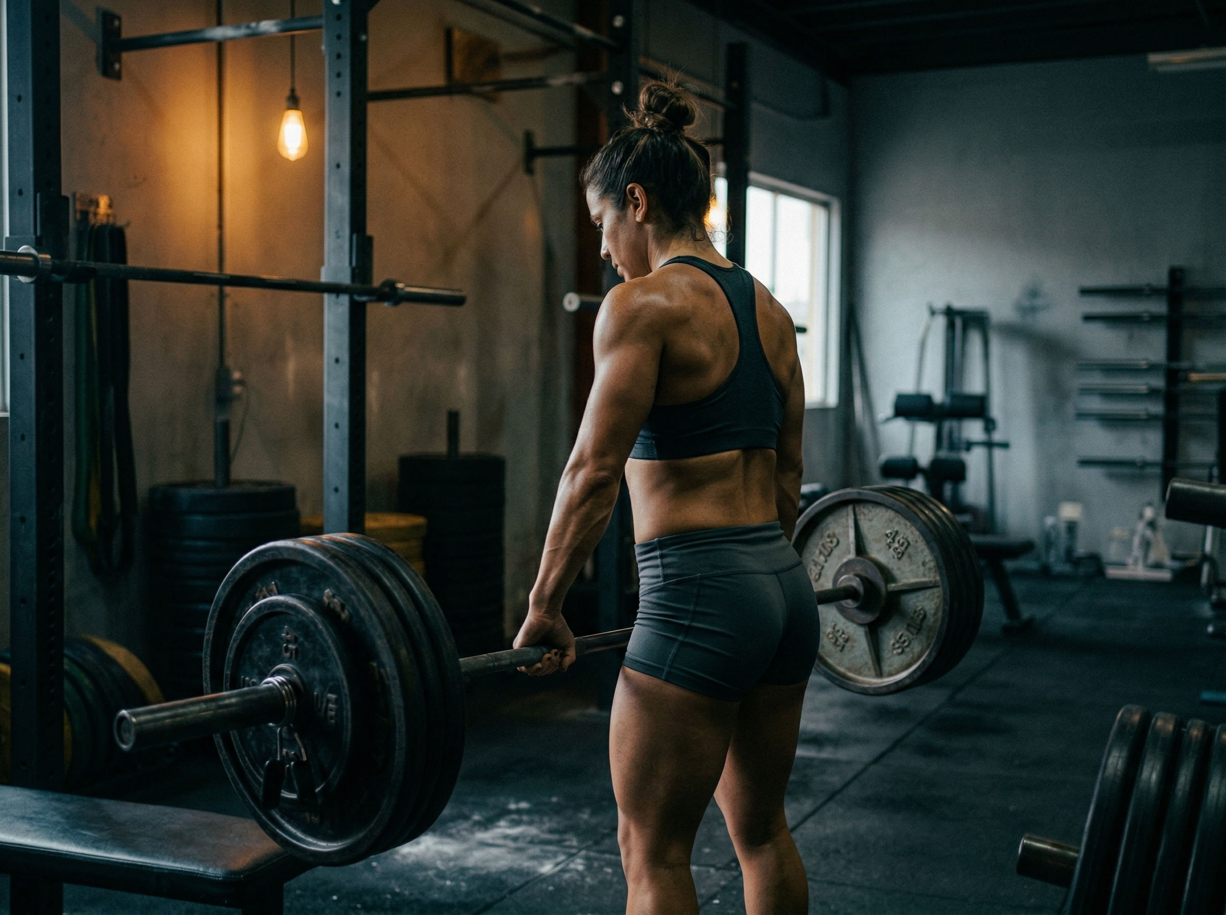 Fisiculturista feminina treinando com pesos pesados em uma academia