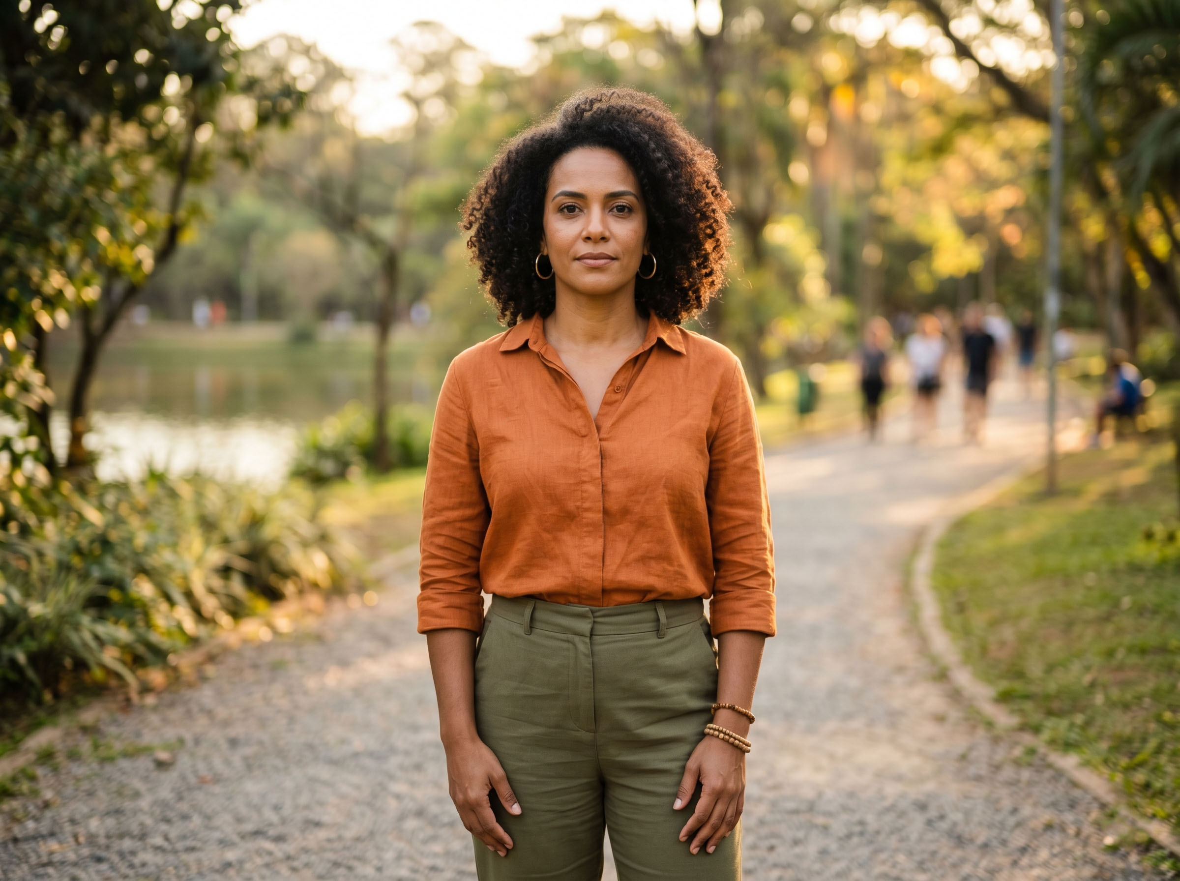 Mulher em pé com confiança na luz natural, olhando para frente com clareza e calma