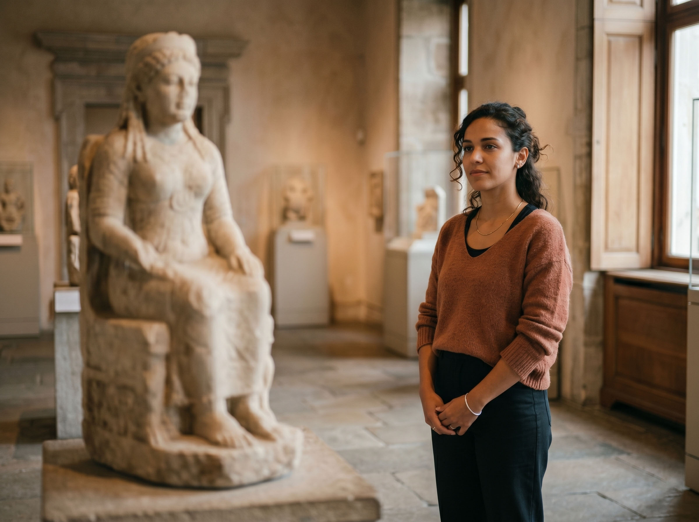 Mulher moderna a refletir perto de uma escultura de pedra de uma deusa antiga num museu