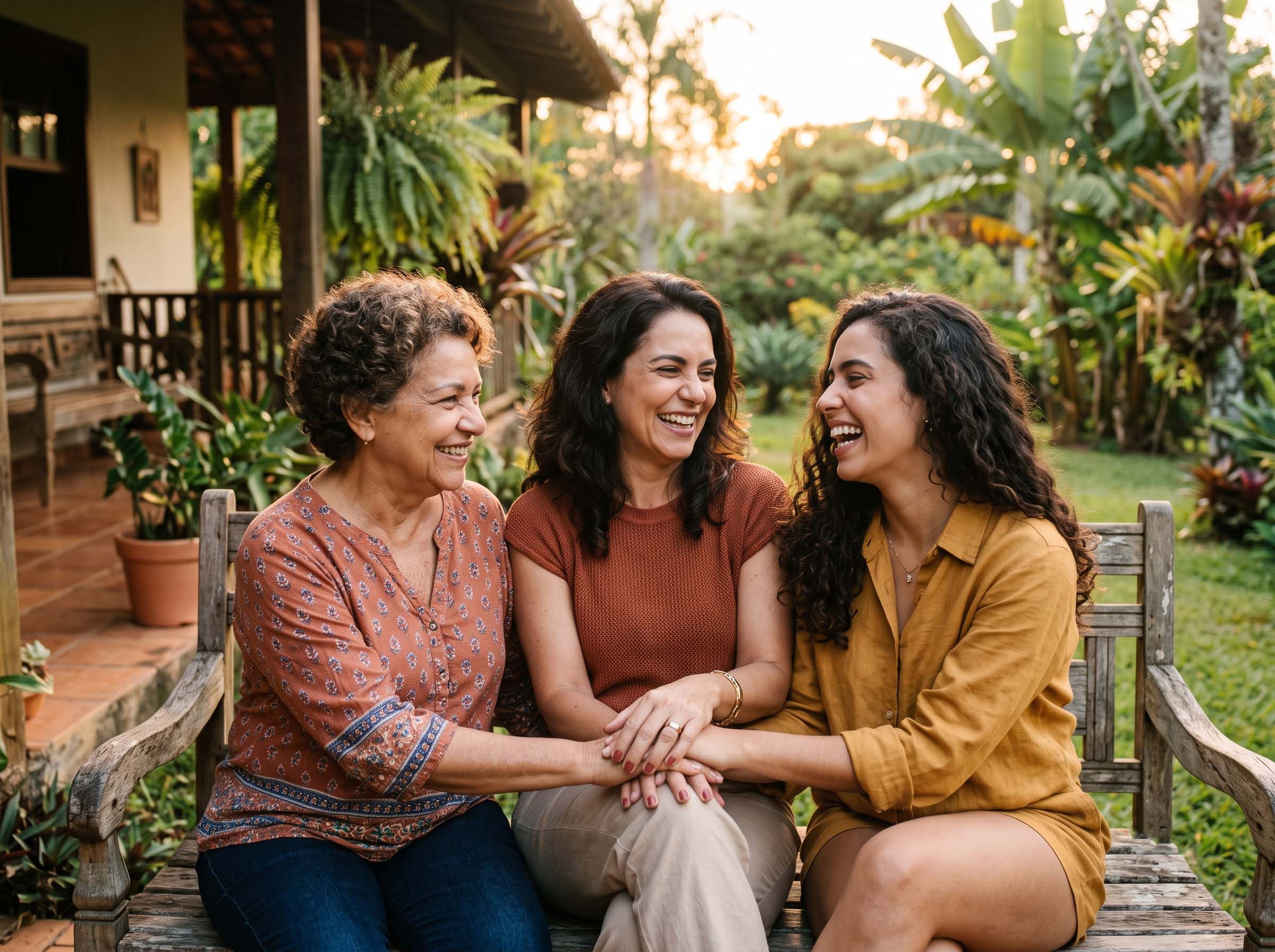 Três gerações de mulheres sentadas juntas em apoio e conexão silenciosos