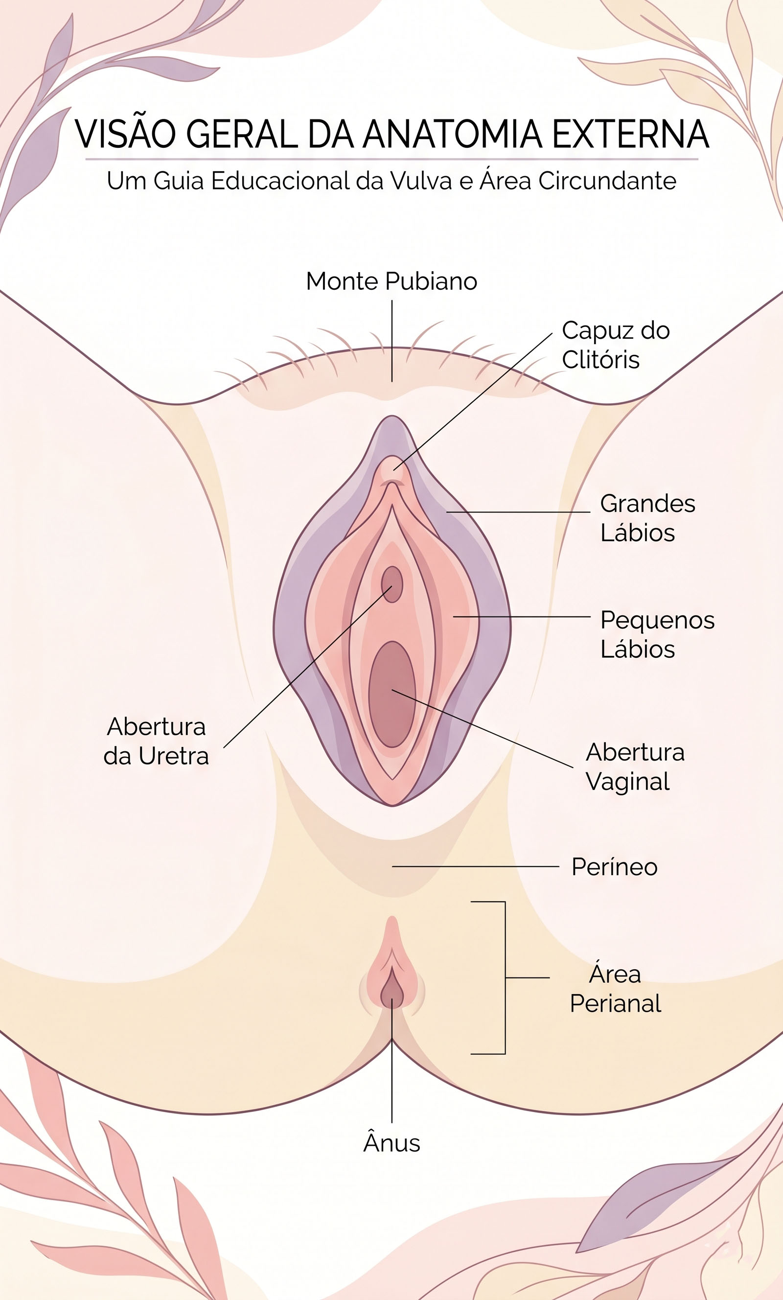 Ilustração suave em tons pastel mostrando a anatomia aproximada da região vulvar e perineal, educacional e não gráfica