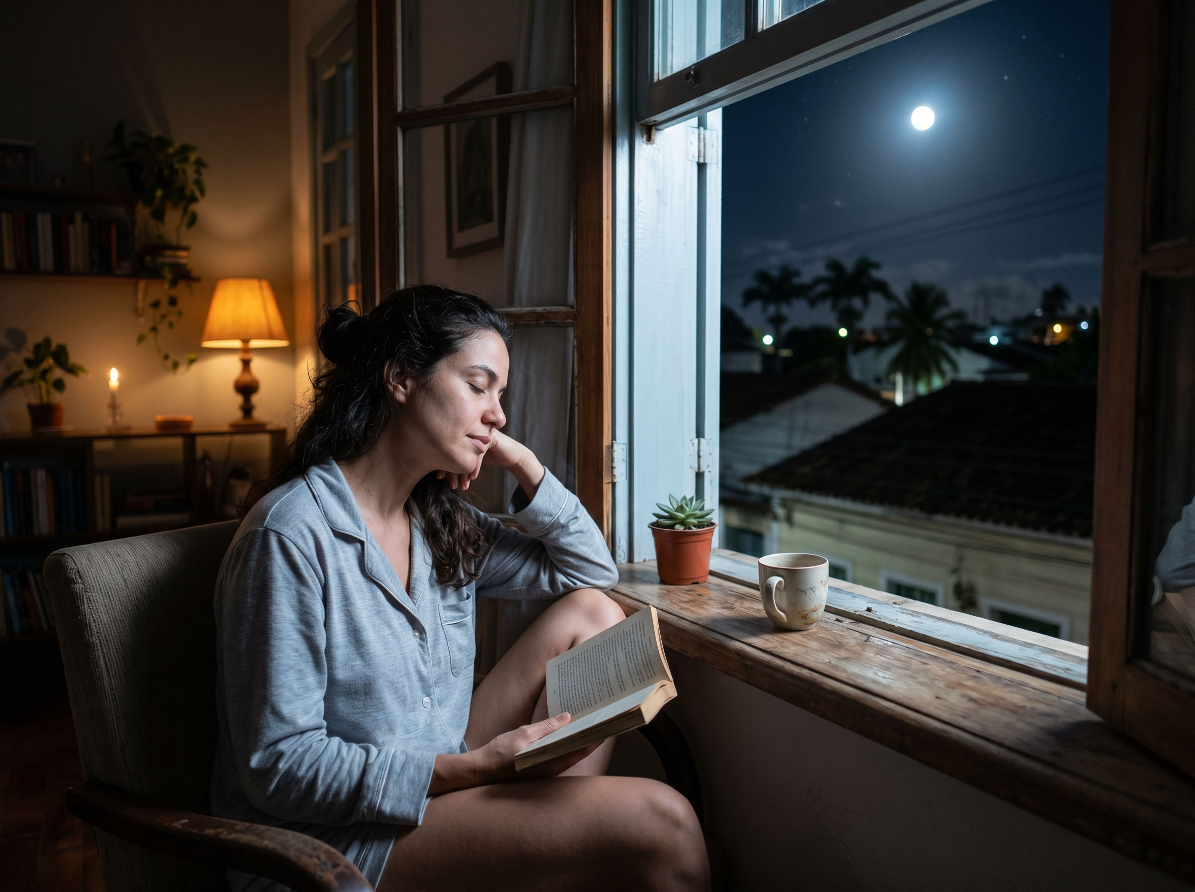 Mulher sentada perto de uma janela à noite com a luz da lua incidindo sobre ela, representando o ritmo circadiano e a exposição à luz natural