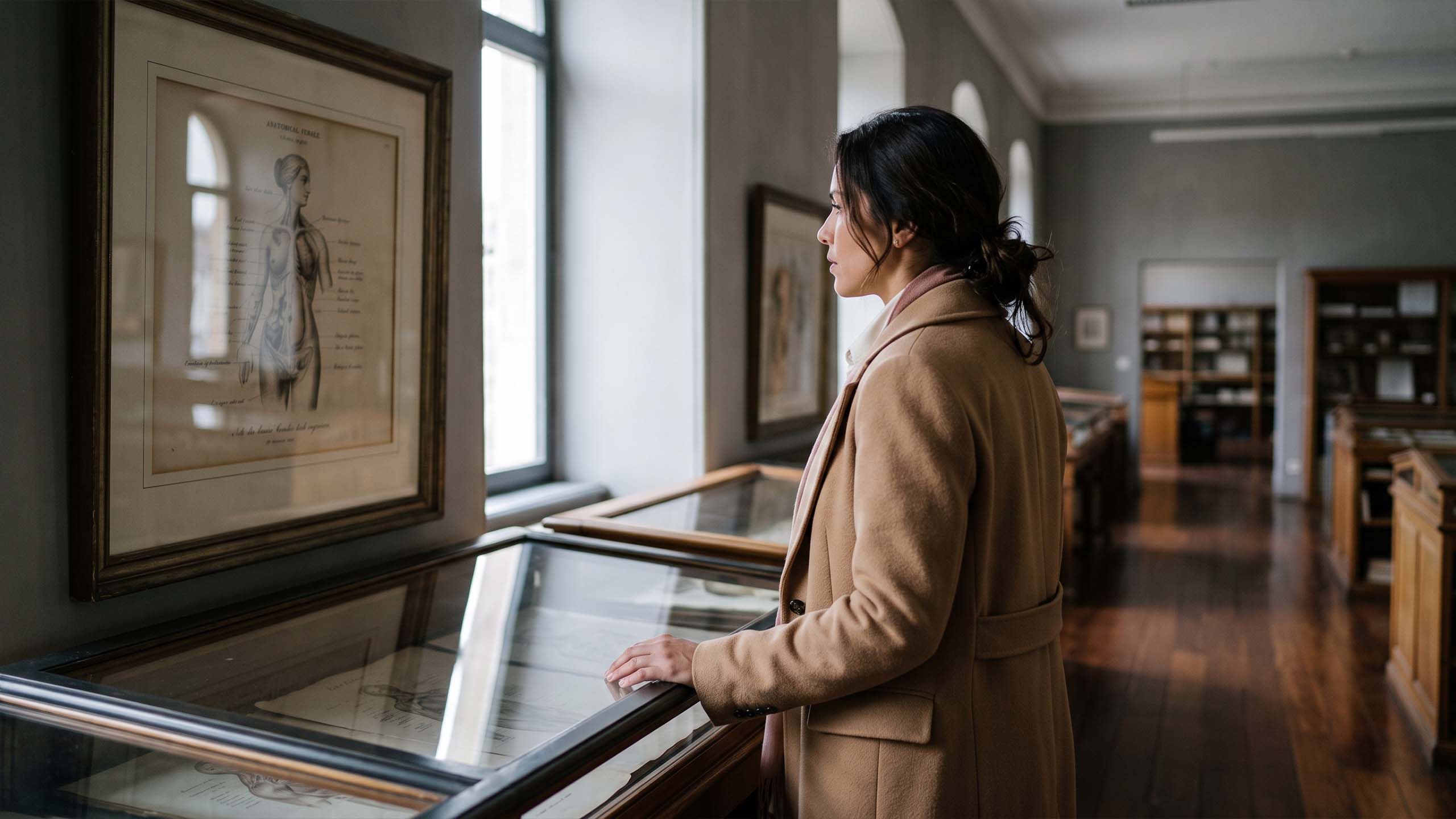 Mulher usando casaco cor de camelo observando uma gravura anatômica do século XIX emoldurada em um arquivo de museu, ilustrando a história de como a anatomia feminina era representada