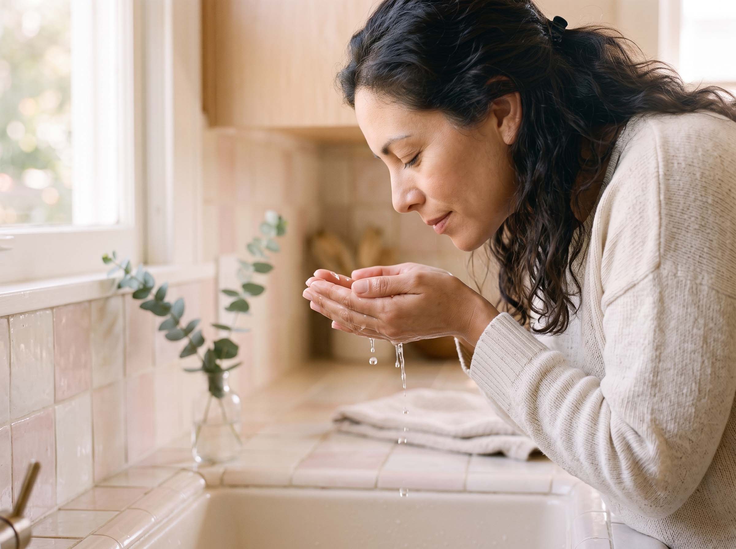Mulher jogando água fria no rosto como um reinicio rápido do sistema nervoso