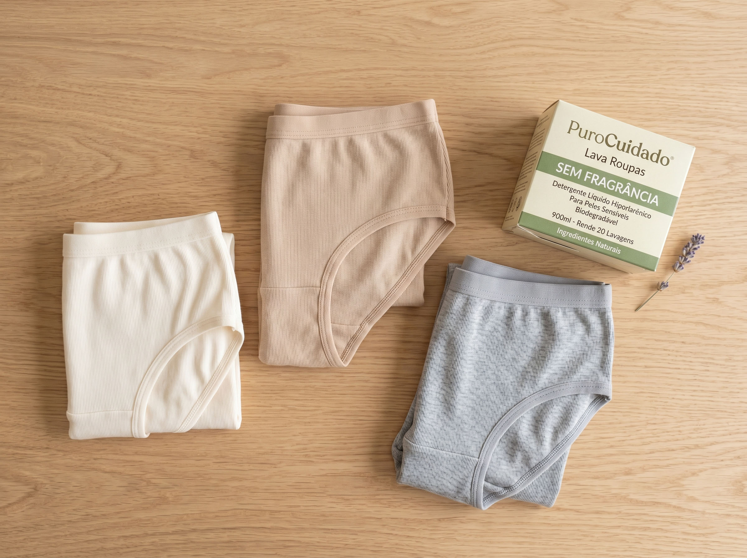 Roupa íntima de algodão cuidadosamente dobrada em tons neutros suaves representando escolhas de tecidos respiráveis para a saúde vaginal