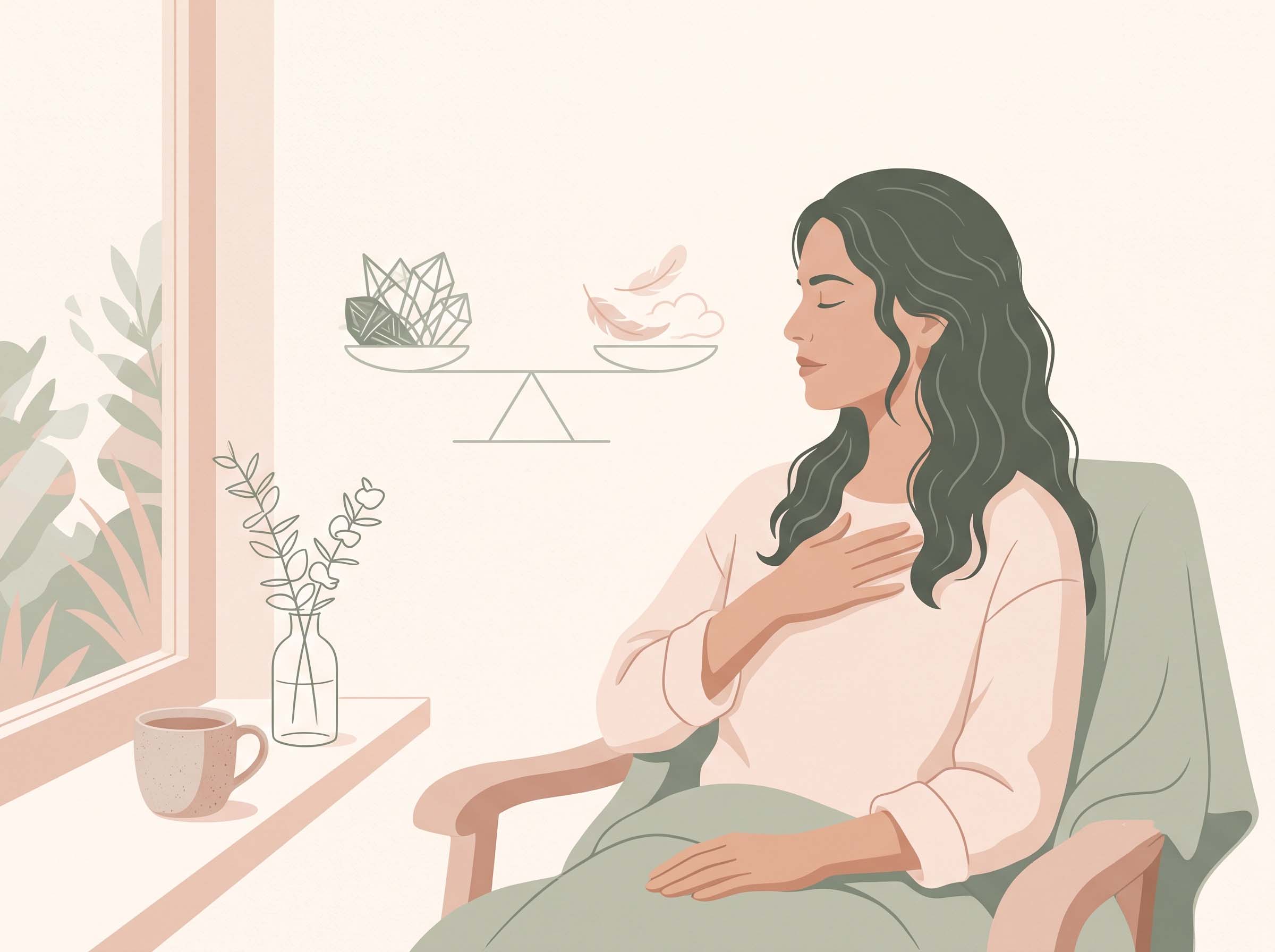 Ilustração de uma mulher calma com um motivo de gangorra equilibrada representando os dois estados del sistema nervoso feminino