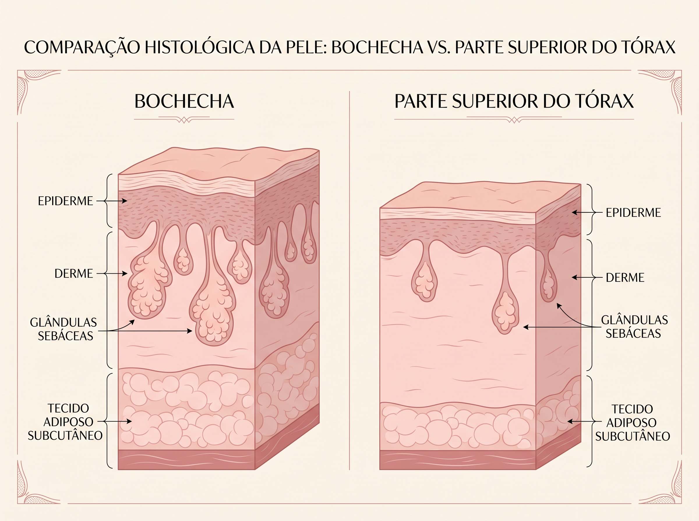 Diagrama ilustrado de corte transversal comparando as camadas da pele facial e da pele do peito