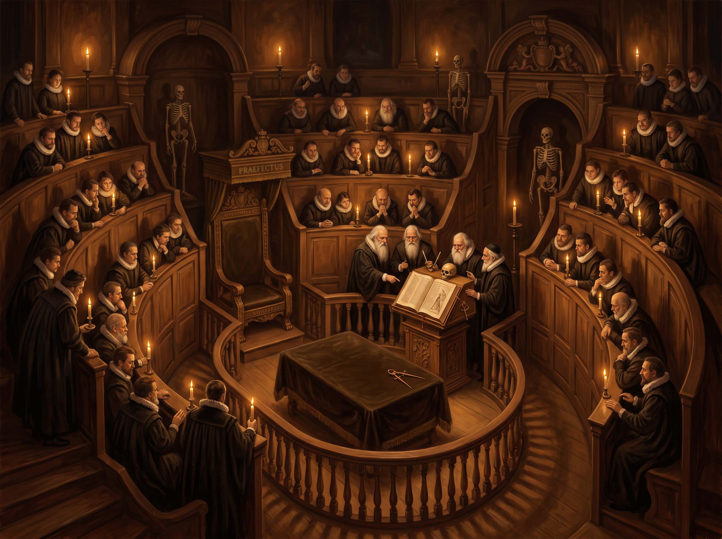 Sixteenth-century anatomy theatre with physicians observing a dissection by candlelight