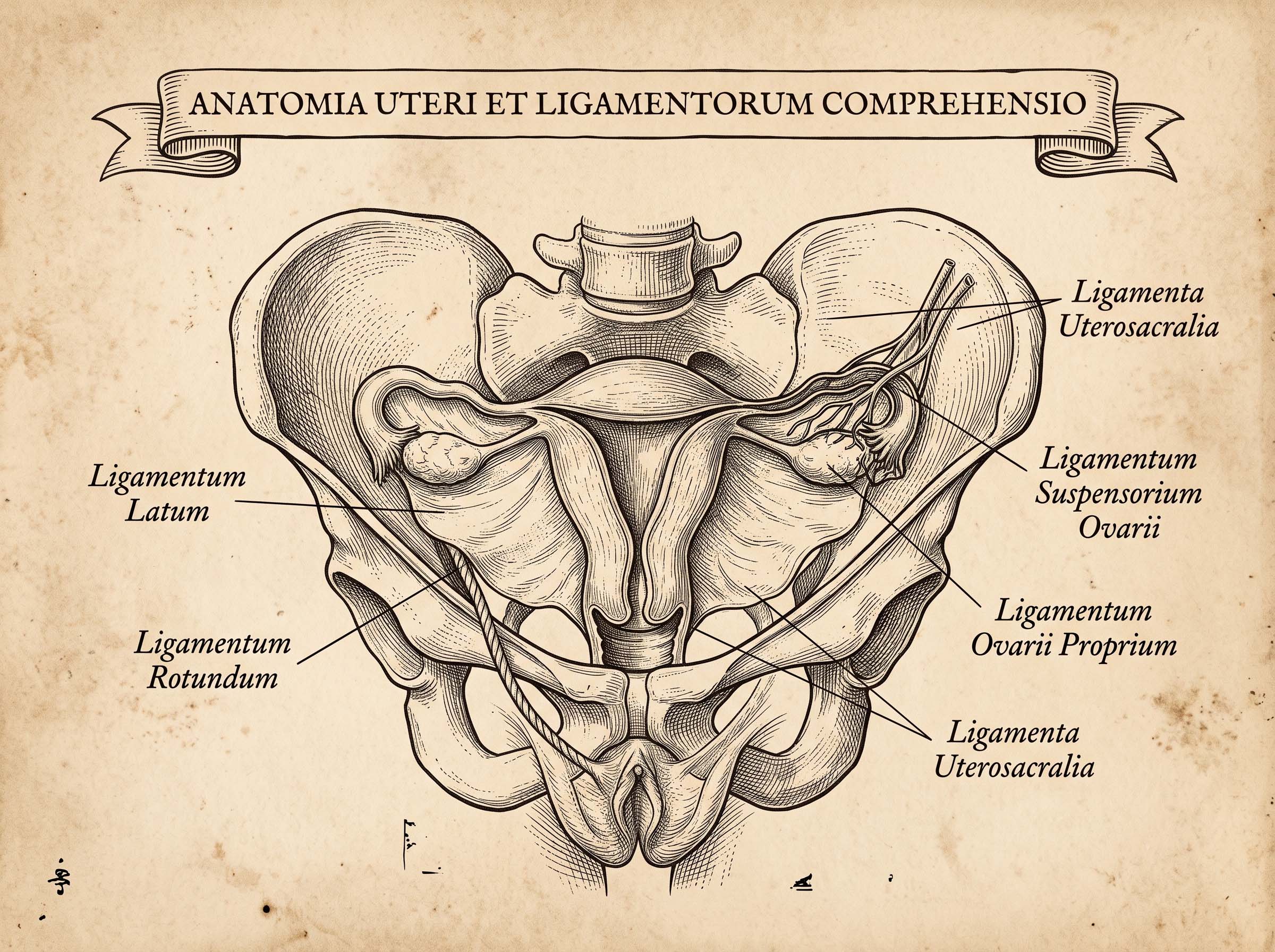 Renaissance-style anatomical illustration of the female reproductive anatomy showing the uterus held in place by ligaments