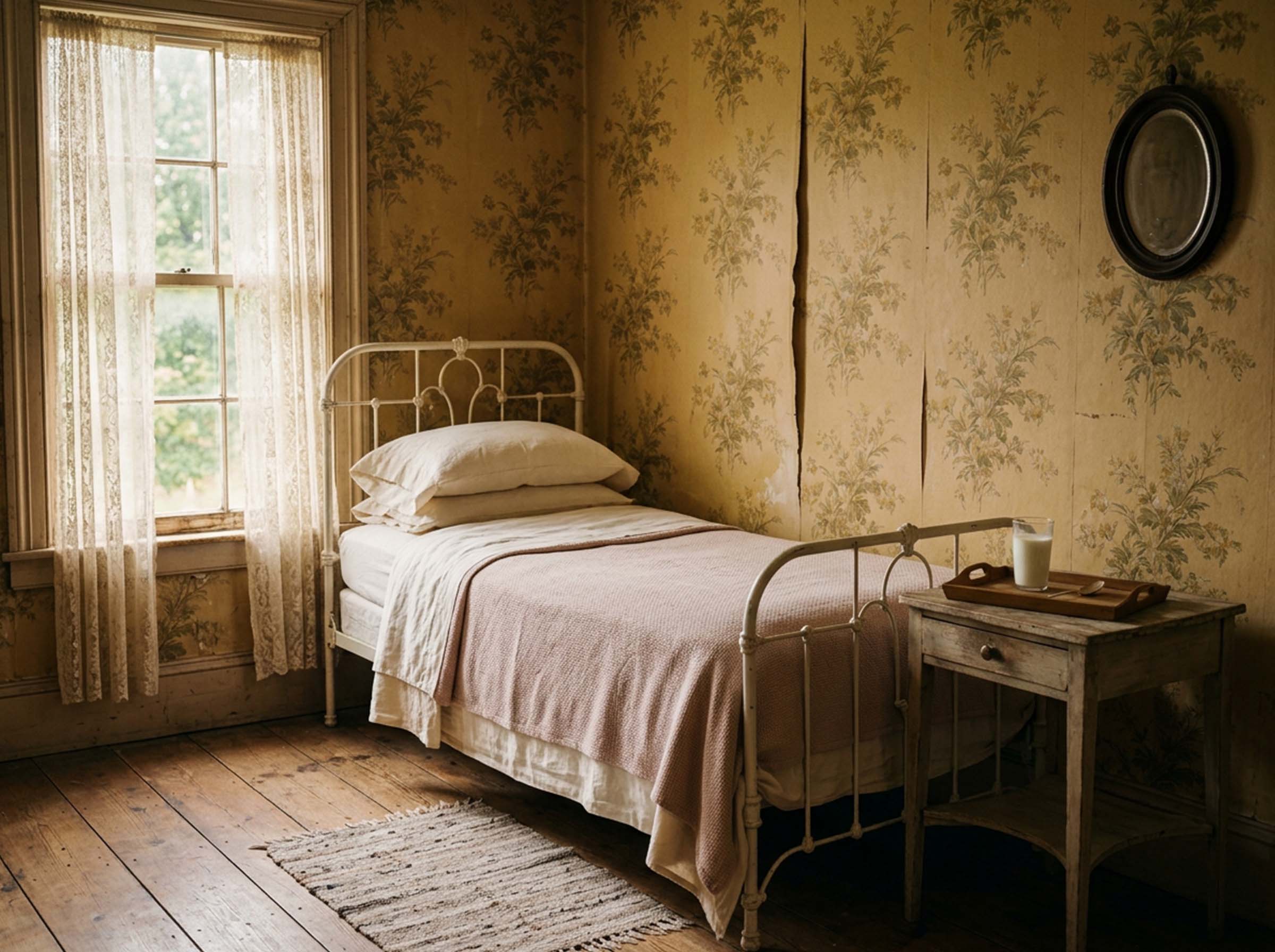 Staged Victorian sickroom with faded yellow wallpaper, a neatly made iron bed and a glass of milk on a bedside tray, illustrating the nineteenth-century rest cure