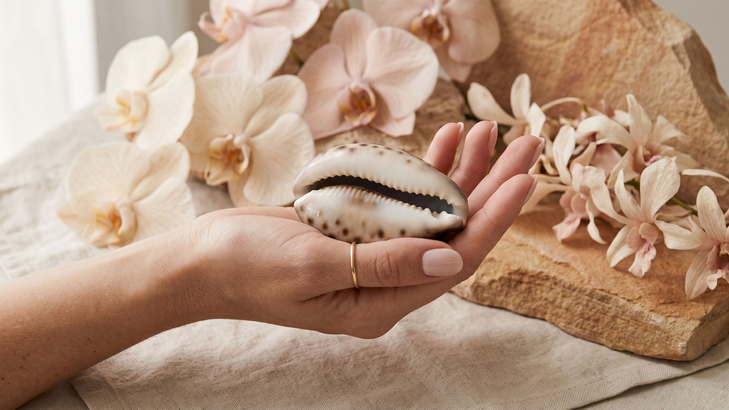 A hand holding a cowrie shell beside orchid blooms, ancient symbols of the sacred feminine in nature
