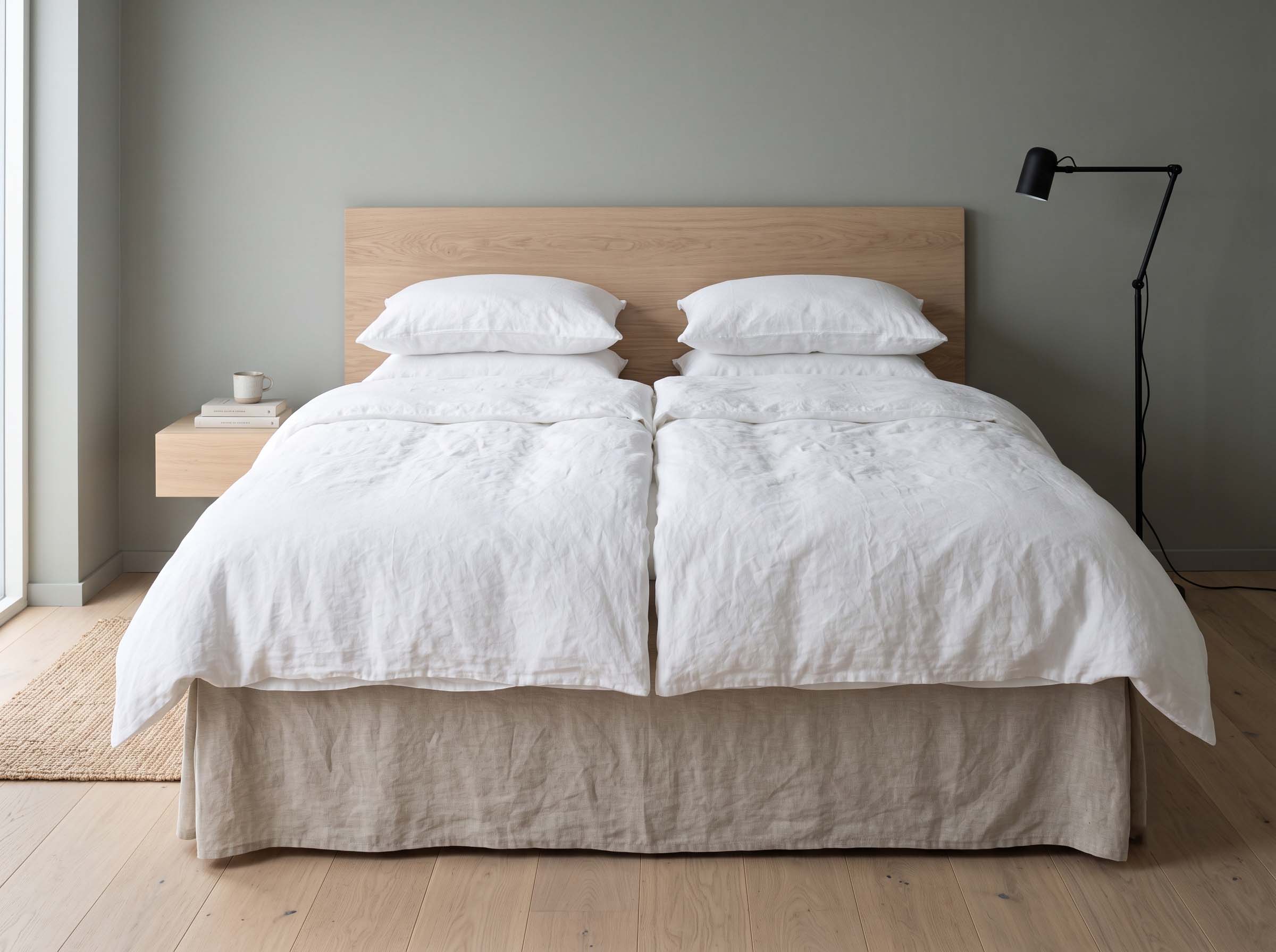 Neatly made bed with two separate single duvets side by side in Scandinavian style