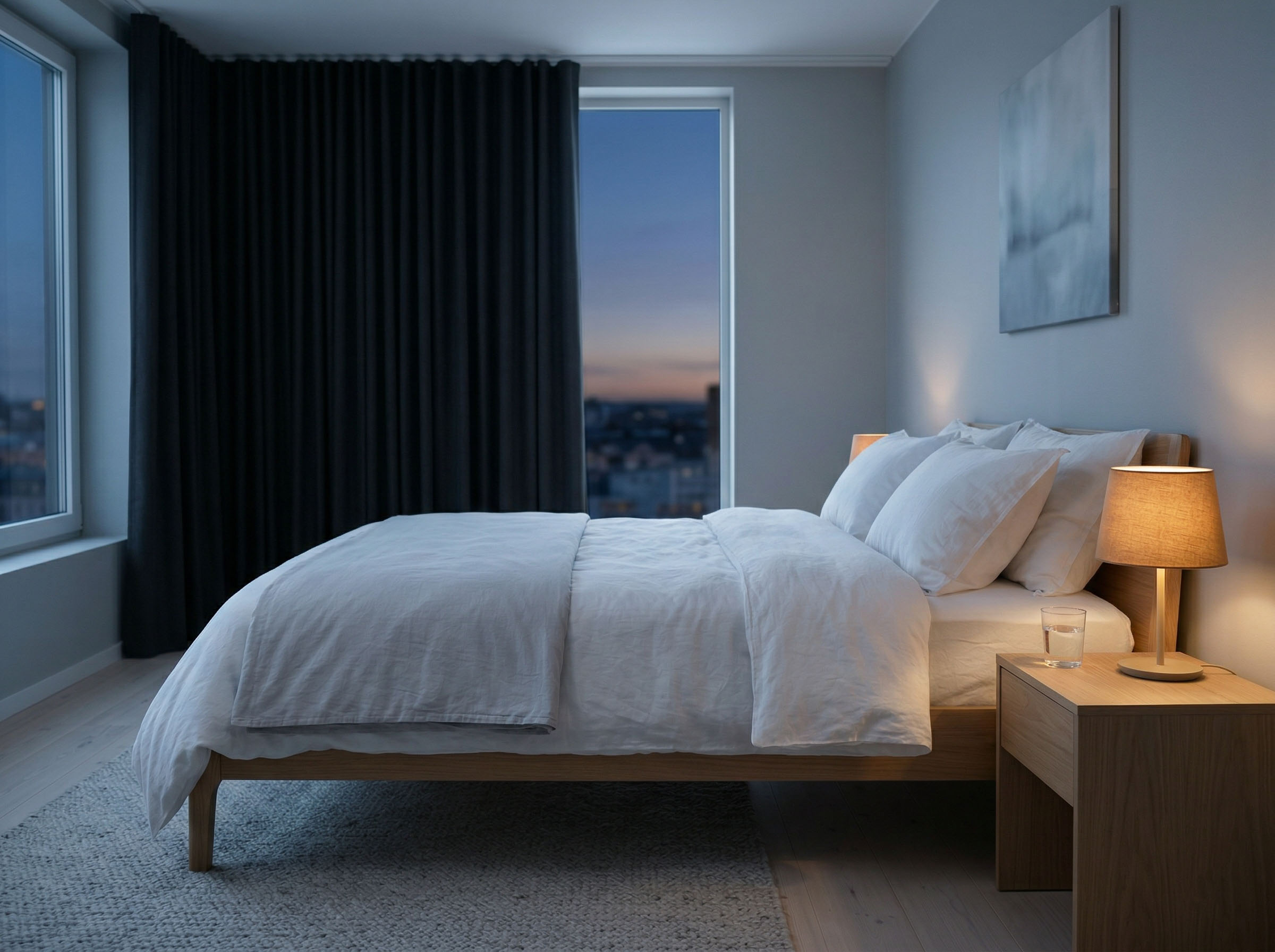 白いリネン、遮光カーテン、そして穏やかな雰囲気に包まれた、ほのかに明るい涼しい寝室