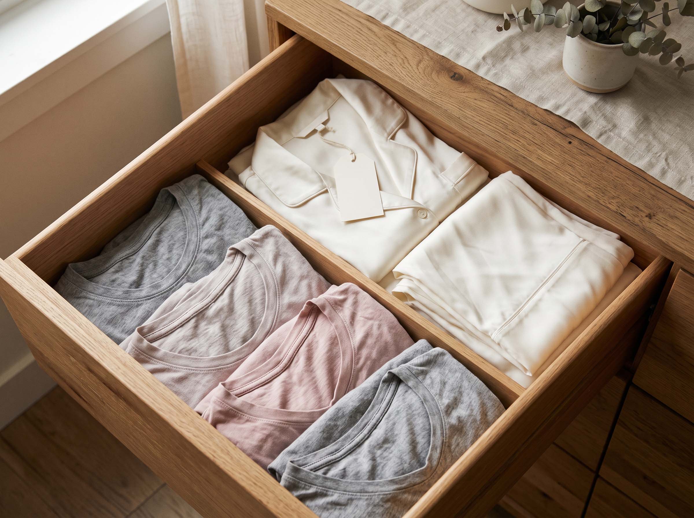 Open dresser drawer showing folded cotton sleep shirts in front of an unworn silk set still creased from its packaging