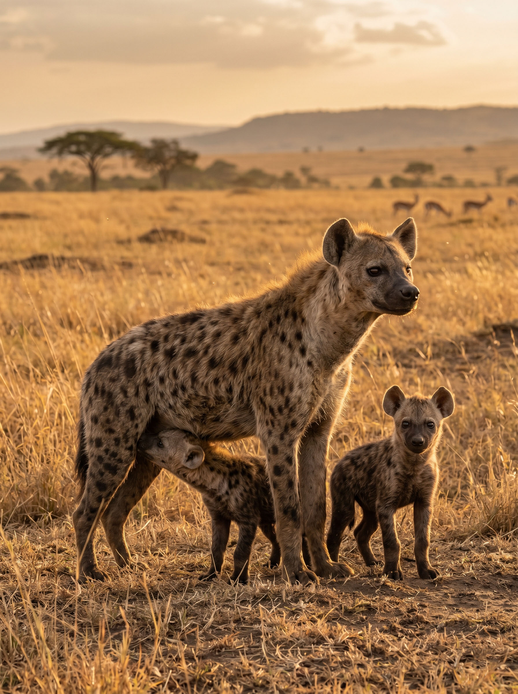 Female spotted hyena standing alert with her cubs in African savannah grassland