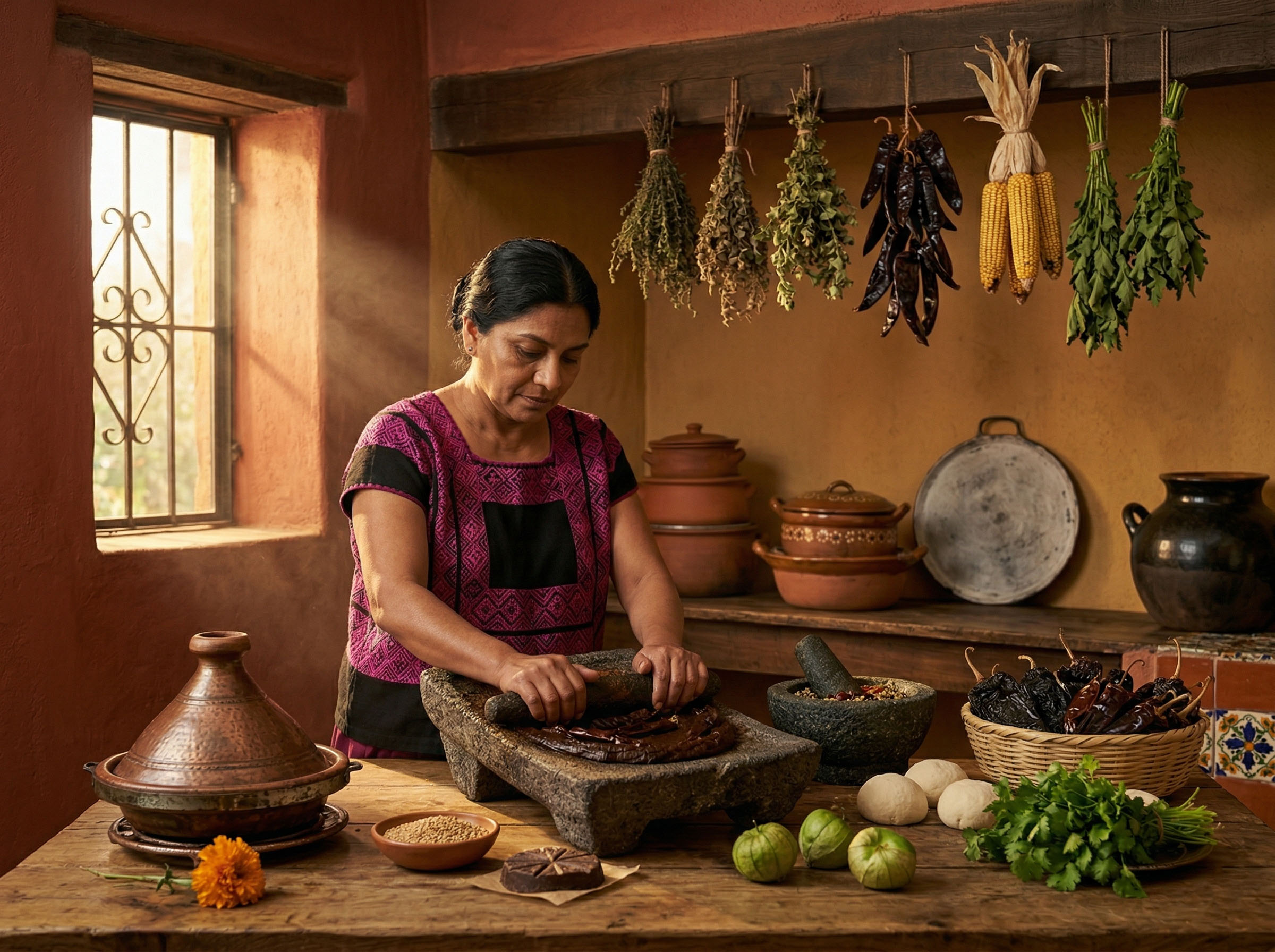 A Mexican woman in a traditional Oaxacan kitchen grinding dried chillies on a stone metate for mole negro, surrounded by clay pots, dried herbs and marigold flowers