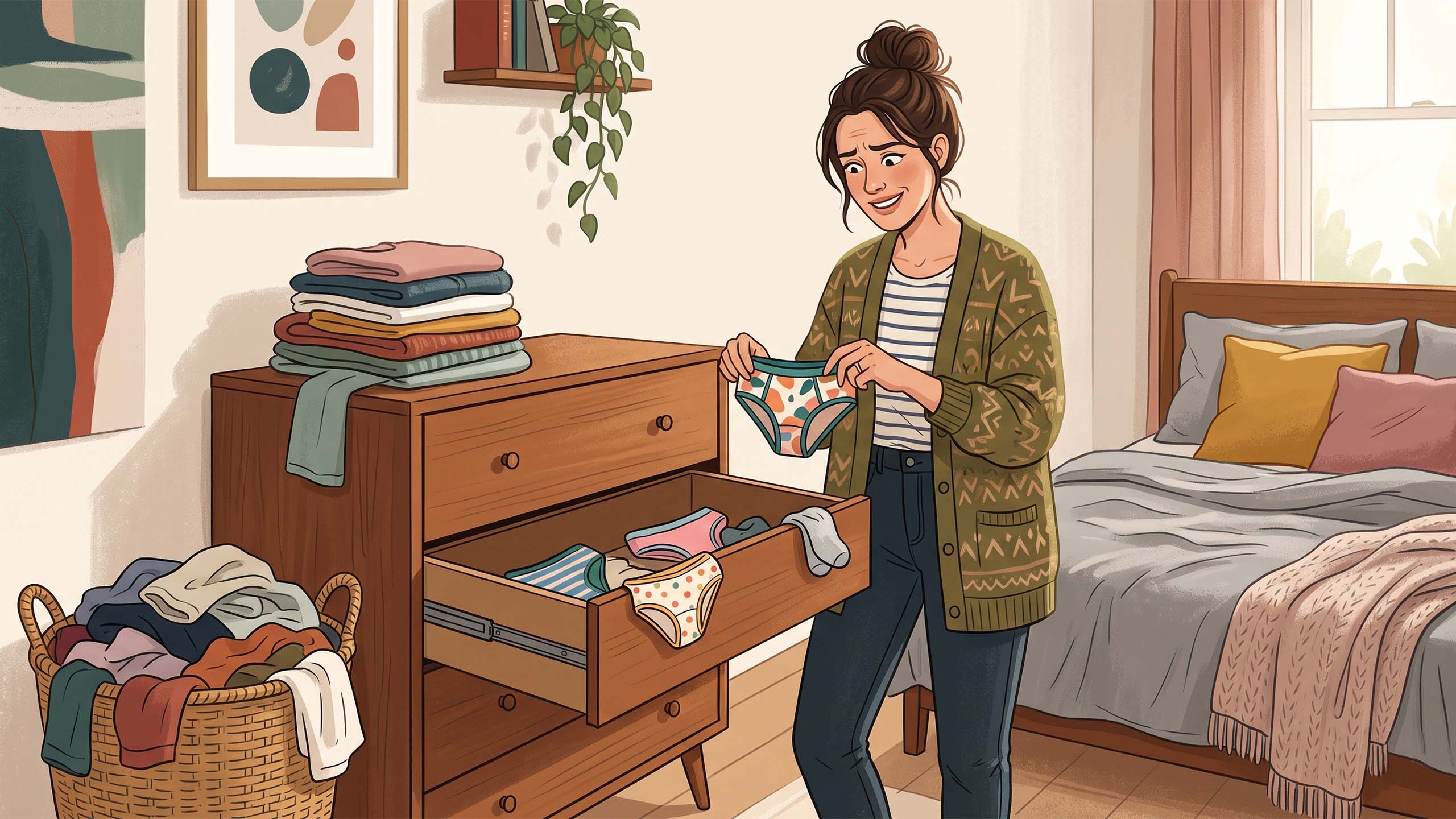 Woman deciding what to wear after running out of clean underwear