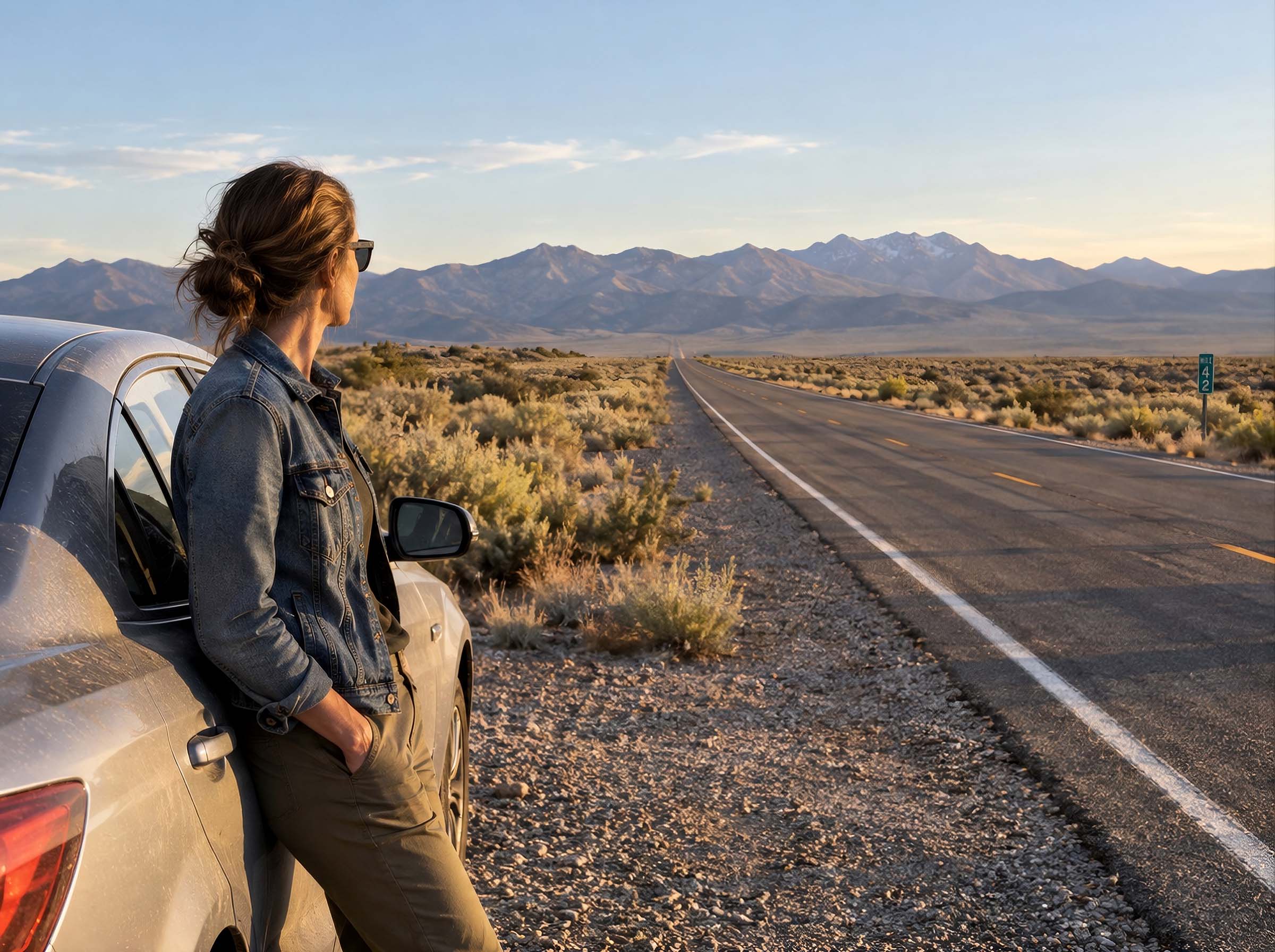 Woman standing beside her car at a gravel pull-out on a long empty desert highway in Nevada at golden hour