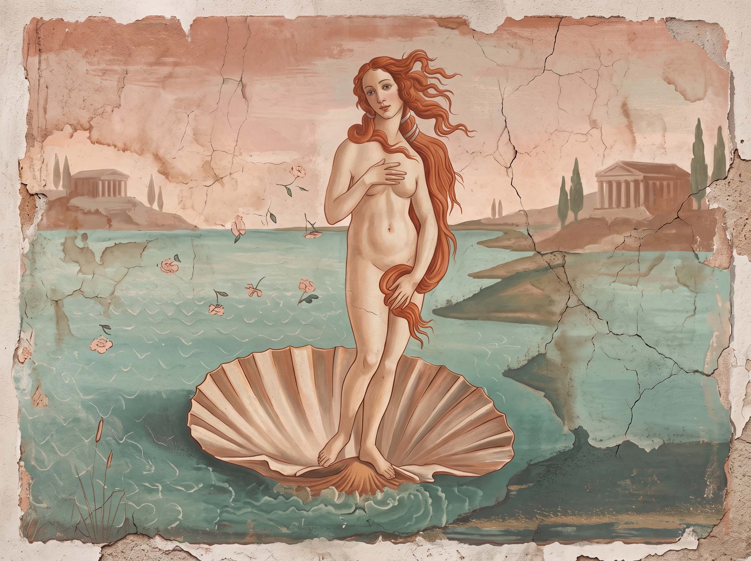 Illustration of a goddess rising from the sea on a scallop shell in the style of an ancient Roman fresco