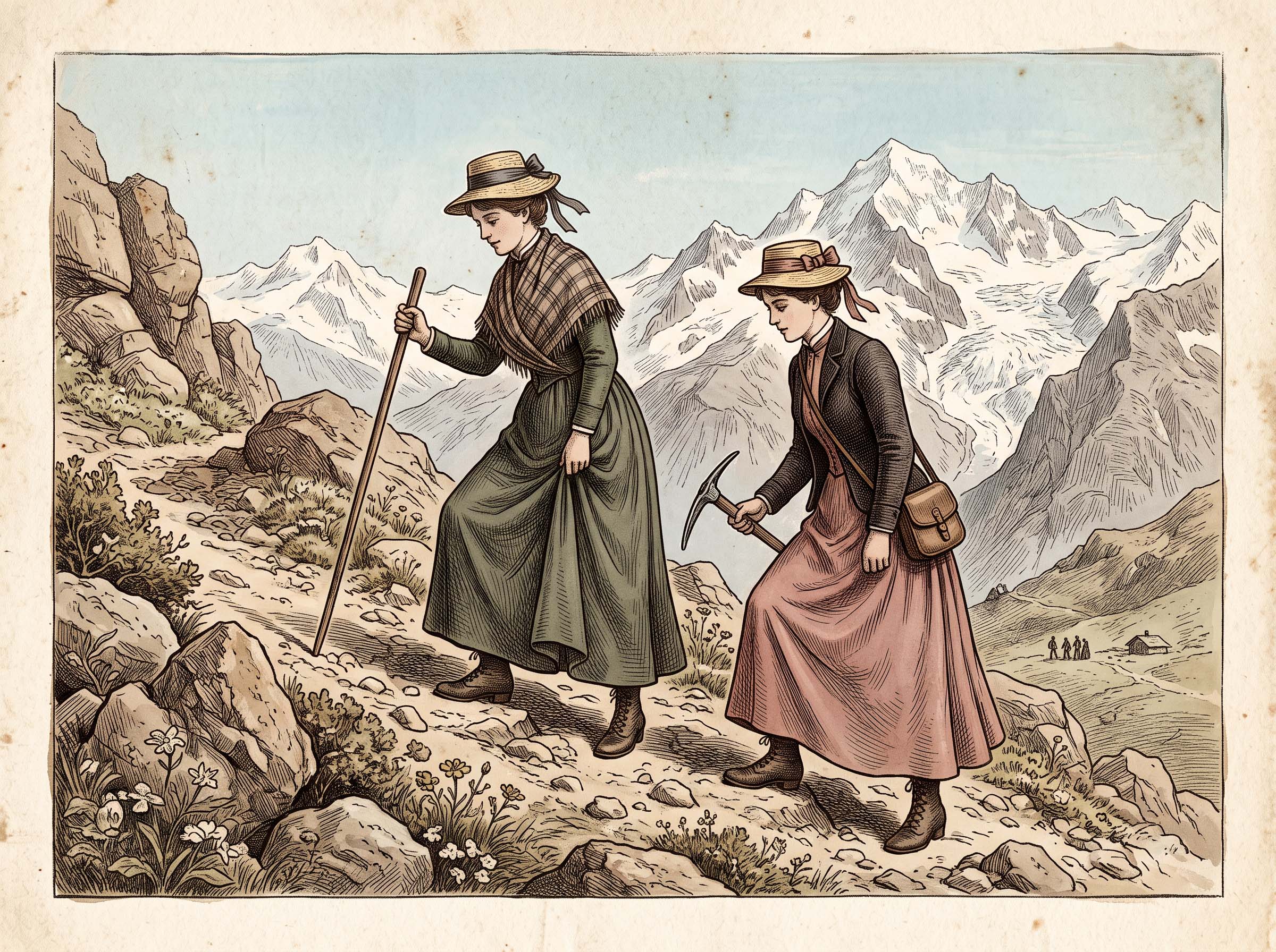 Historical illustration of Victorian women mountaineering in long skirts on an alpine trail