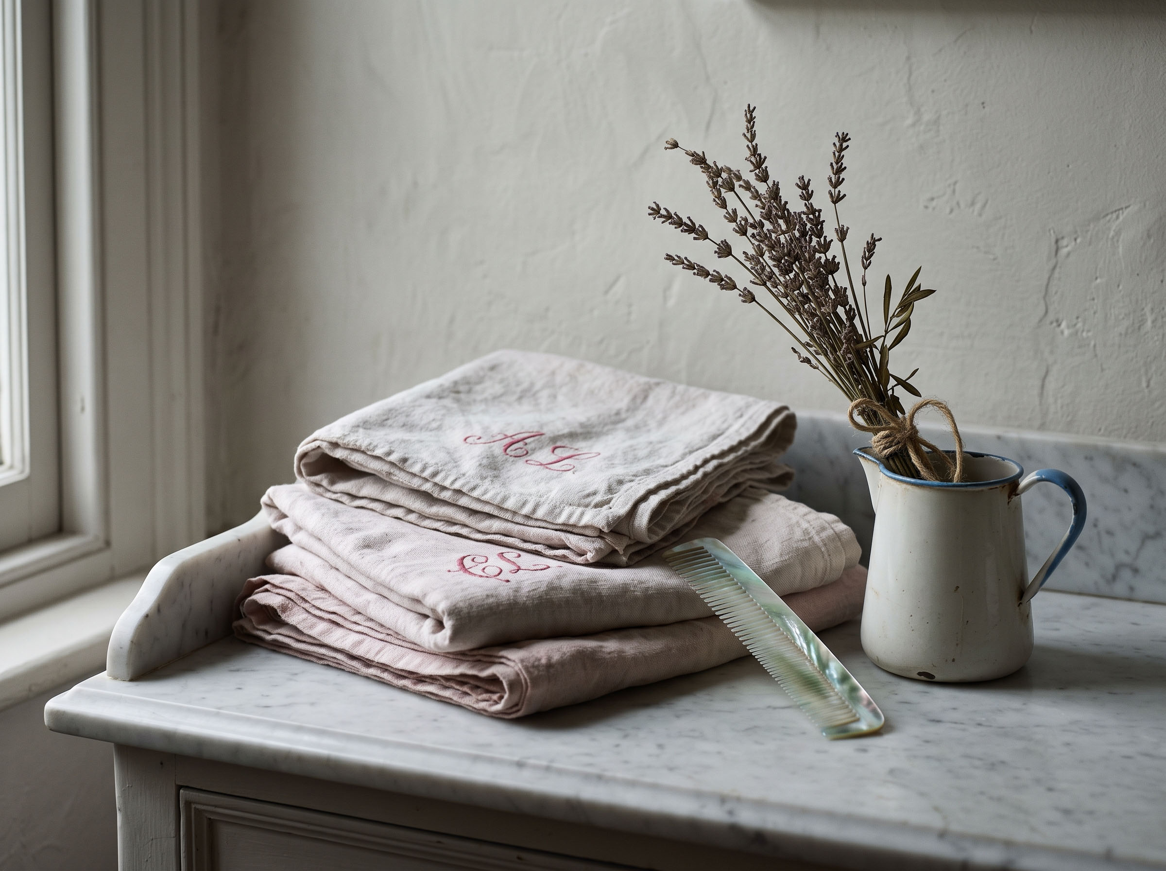 Still life of folded vintage linen towels and a mother of pearl comb on a marble washstand in soft window light