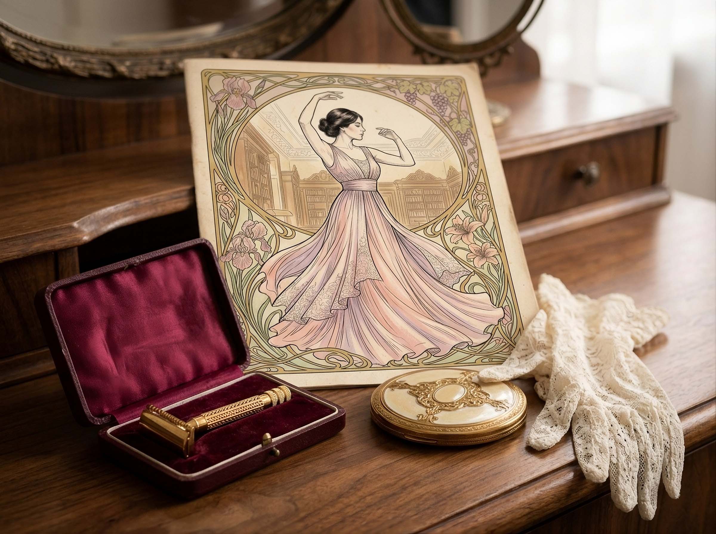 Pequeña maquinilla de afeitar vintage para mujeres en un estuche forrado de terciopelo en un tocador de la década de 1920 junto a una polvera y guantes