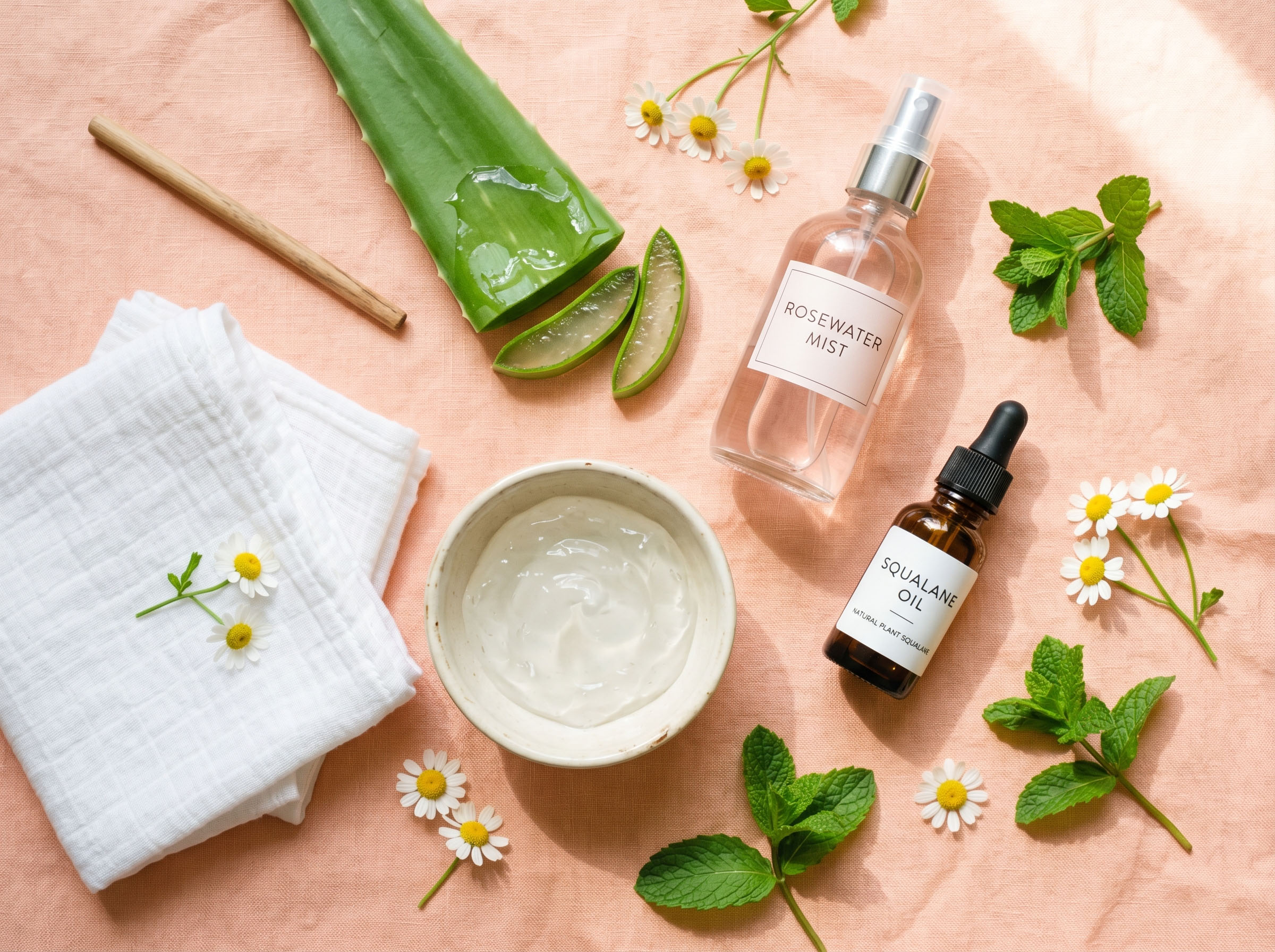 Flat lay of summer skin care essentials — aloe vera, rosewater mist, soft cotton fabric and lightweight oils on a pastel surface