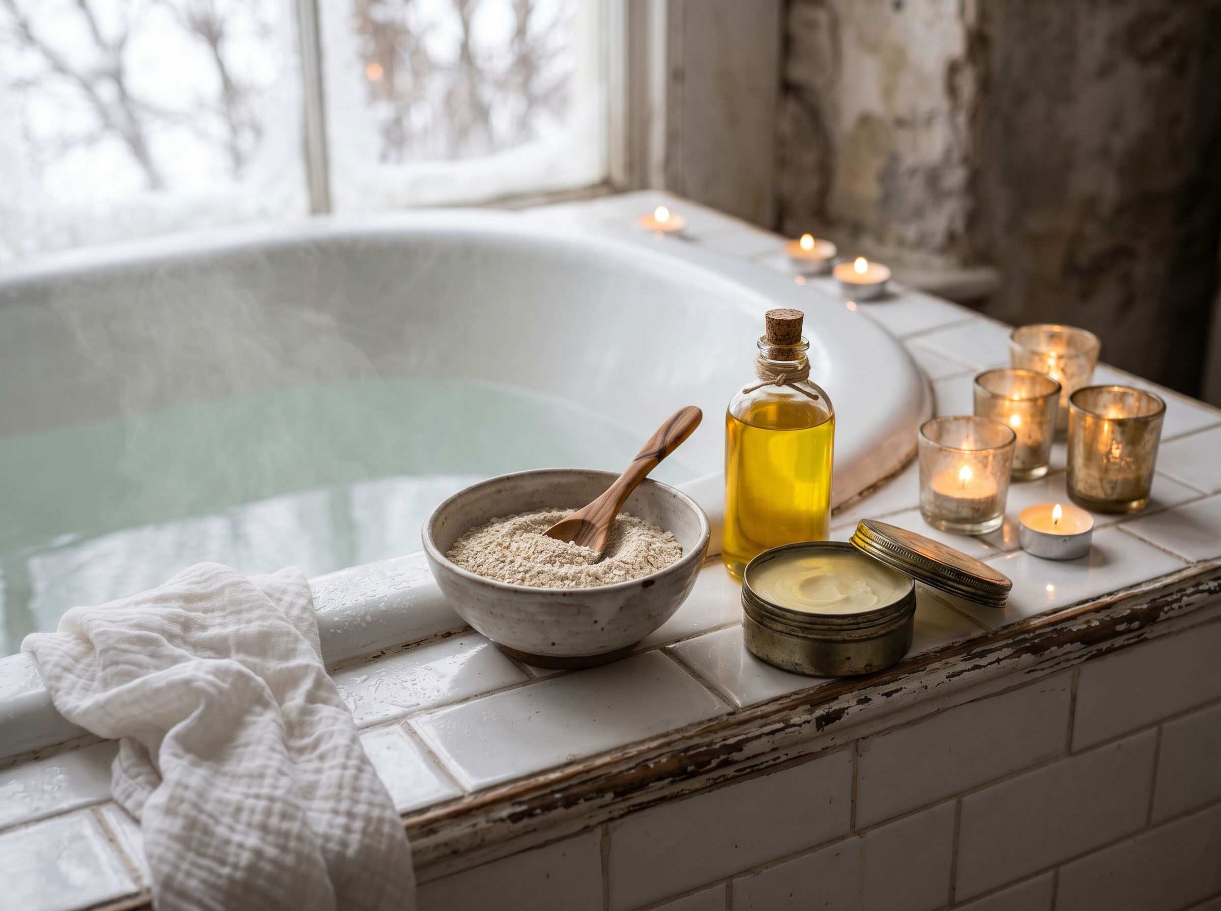 Warm winter bath with colloidal oatmeal, shea butter and natural oils on the edge of the tub in soft candlelight