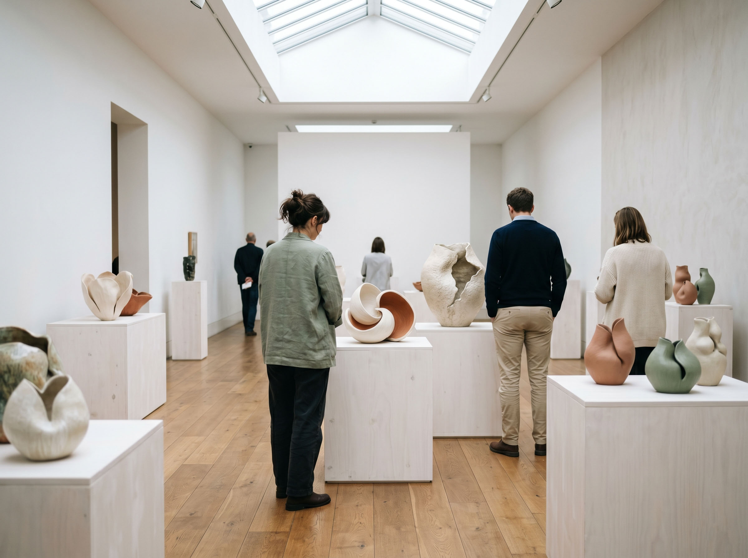 Contemporary ceramic and sculptural art inspired by feminine anatomy, displayed in a gallery setting