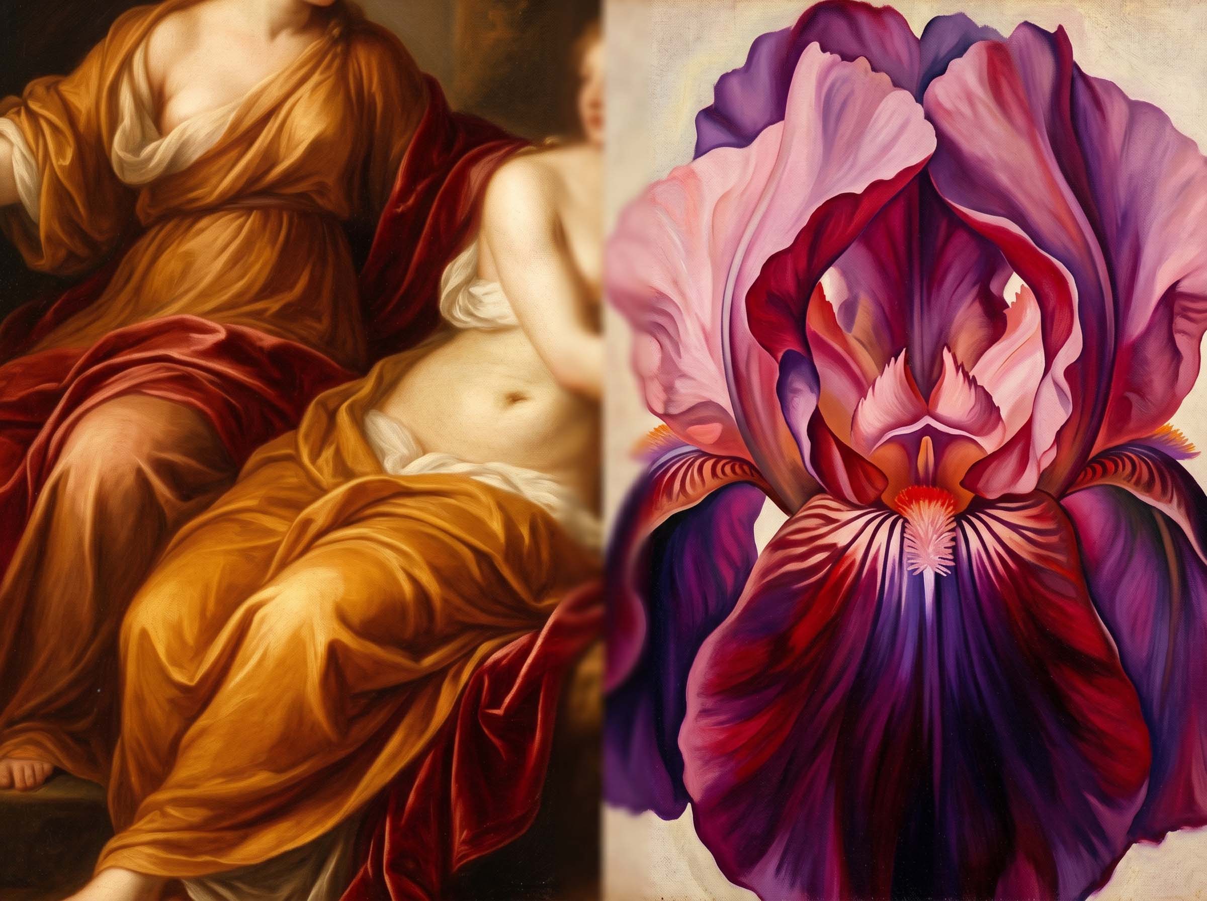 Side-by-side comparison of Renaissance Venus painting style and Georgia O'Keeffe's abstract floral works