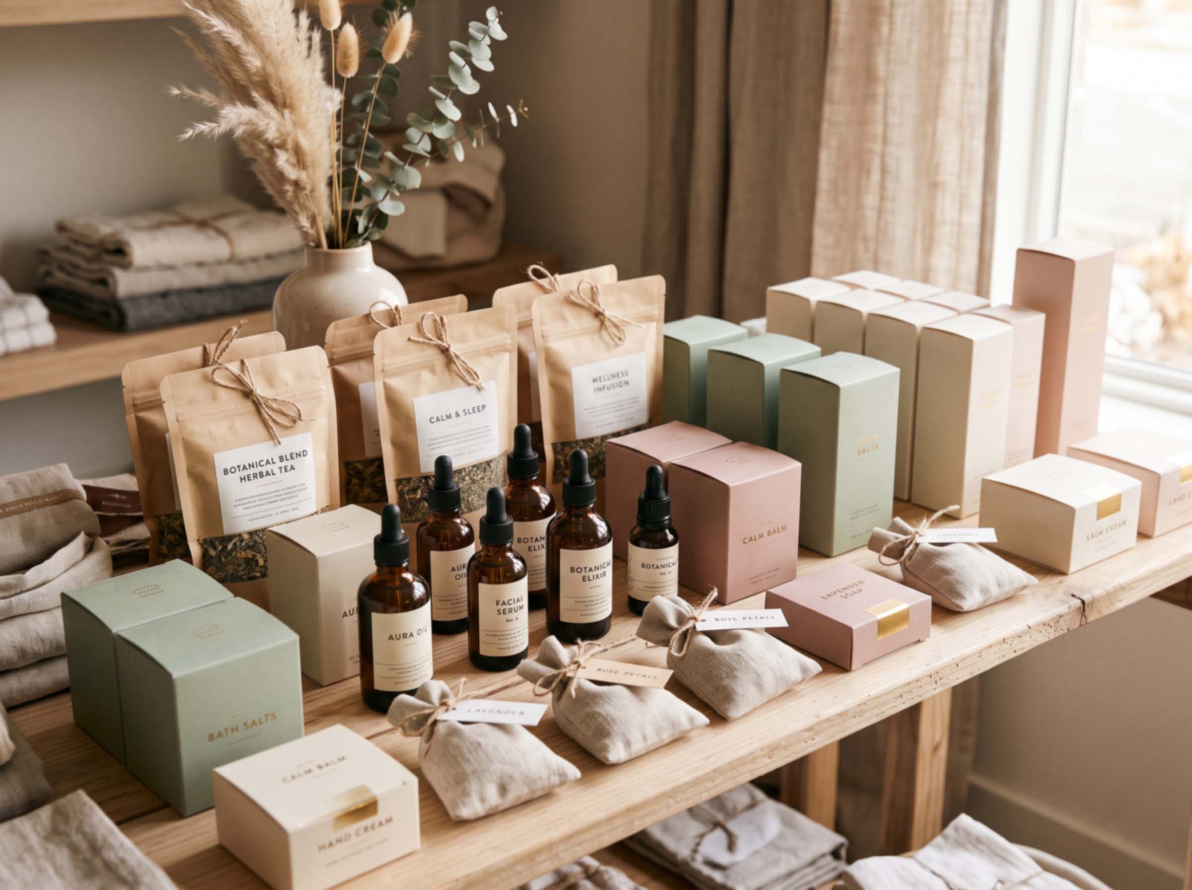 Pastel herbal wellness products and packaging arranged on a shop shelf in soft daylight