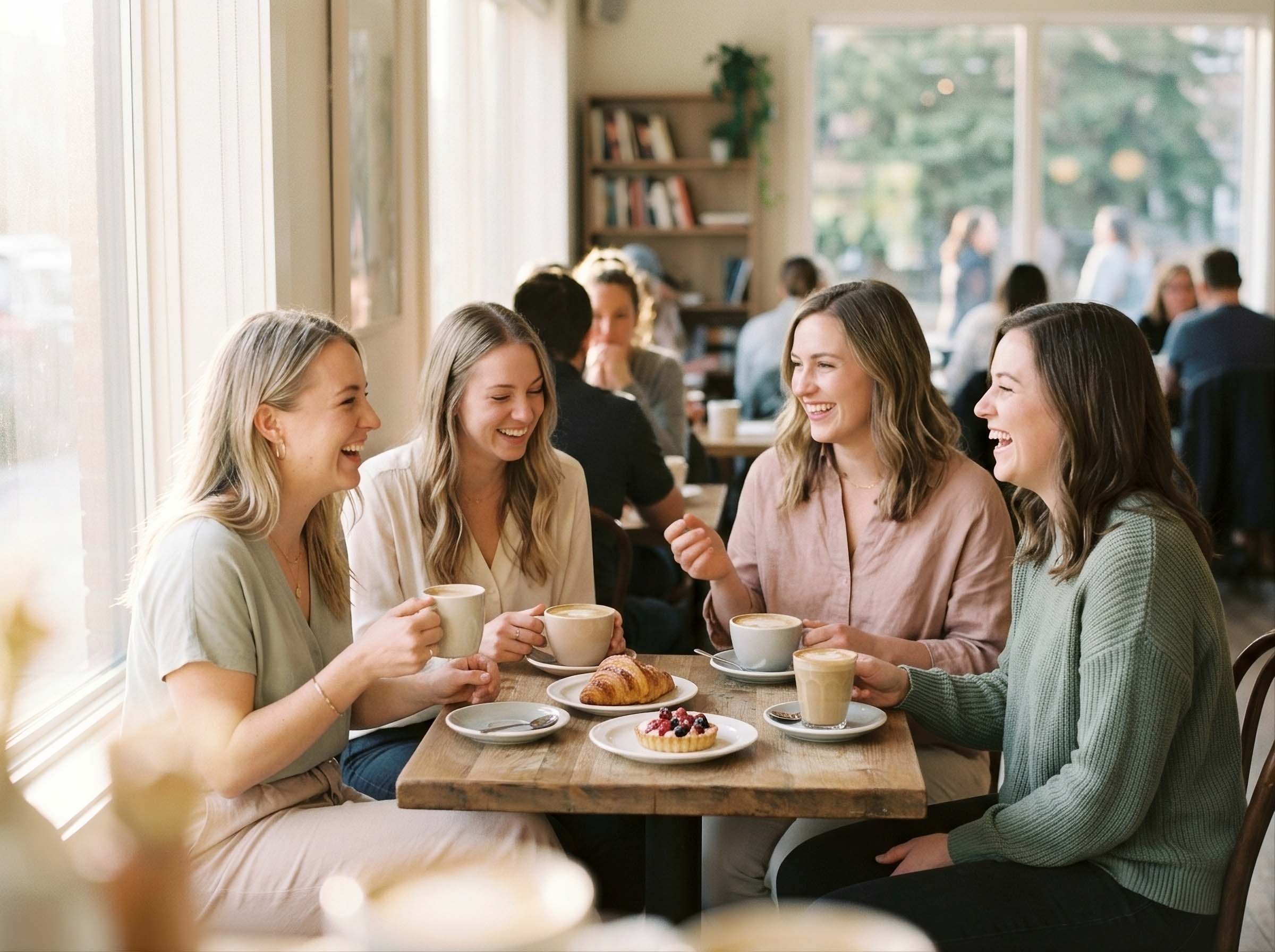 Group of young women friends talking over coffee, illustrating how social circles shape why voters stay loyal to a party