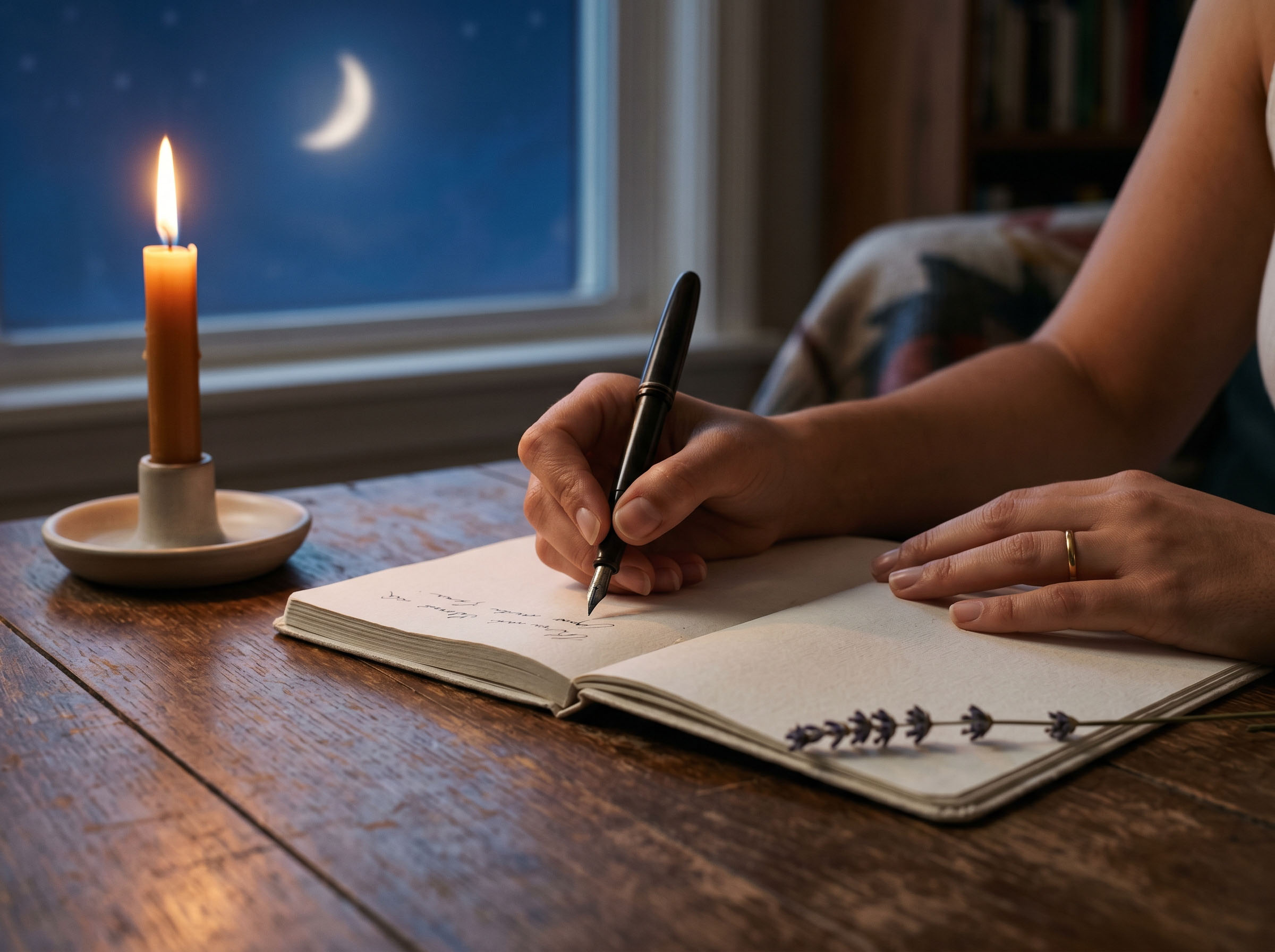 Mujer escribiendo en un diario a la luz de las velas cerca de una ventana con una luna creciente visible afuera, representando la conciencia del ciclo y el seguimiento consciente