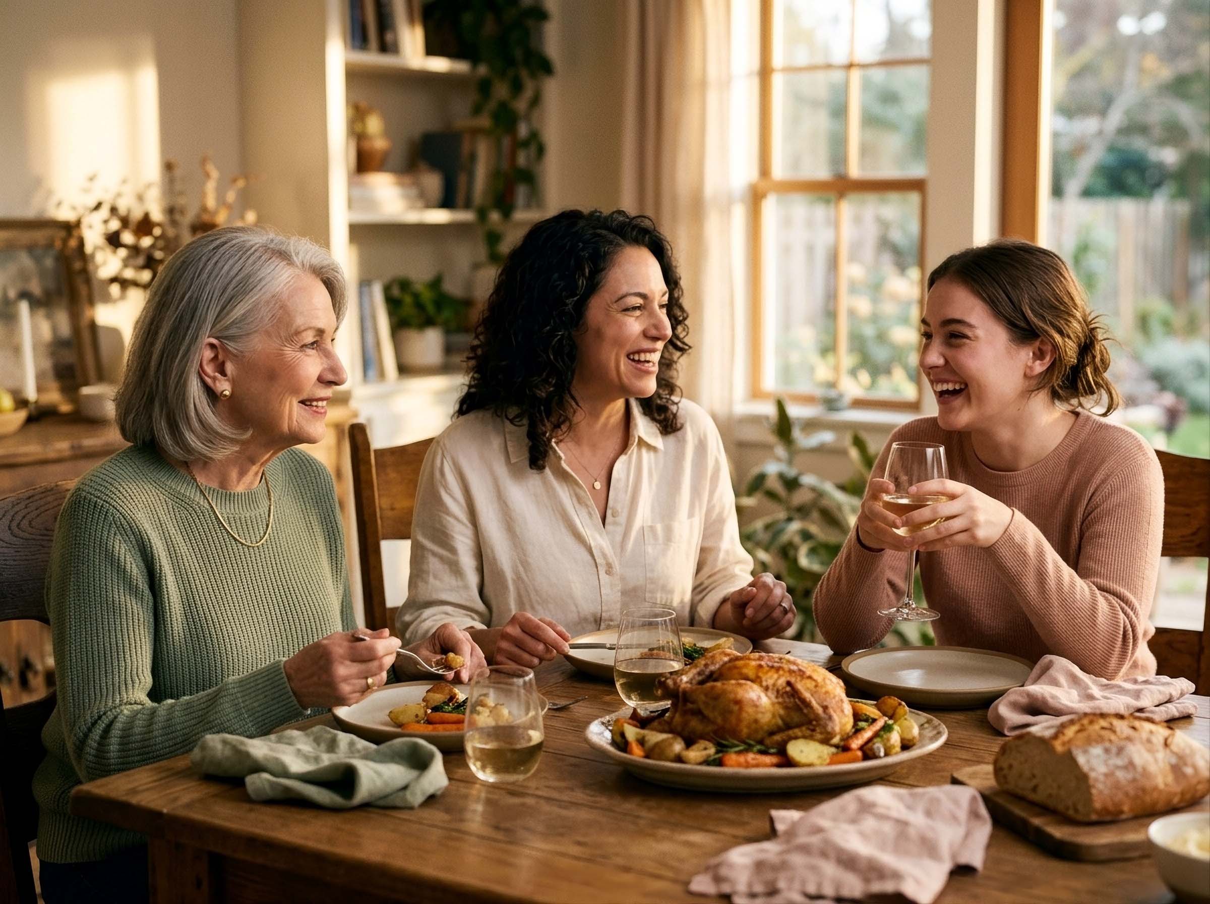 Tres generaciones de mujeres compartiendo una cena familiar de domingo, ilustrando cómo la pertenencia moldea las visiones políticas