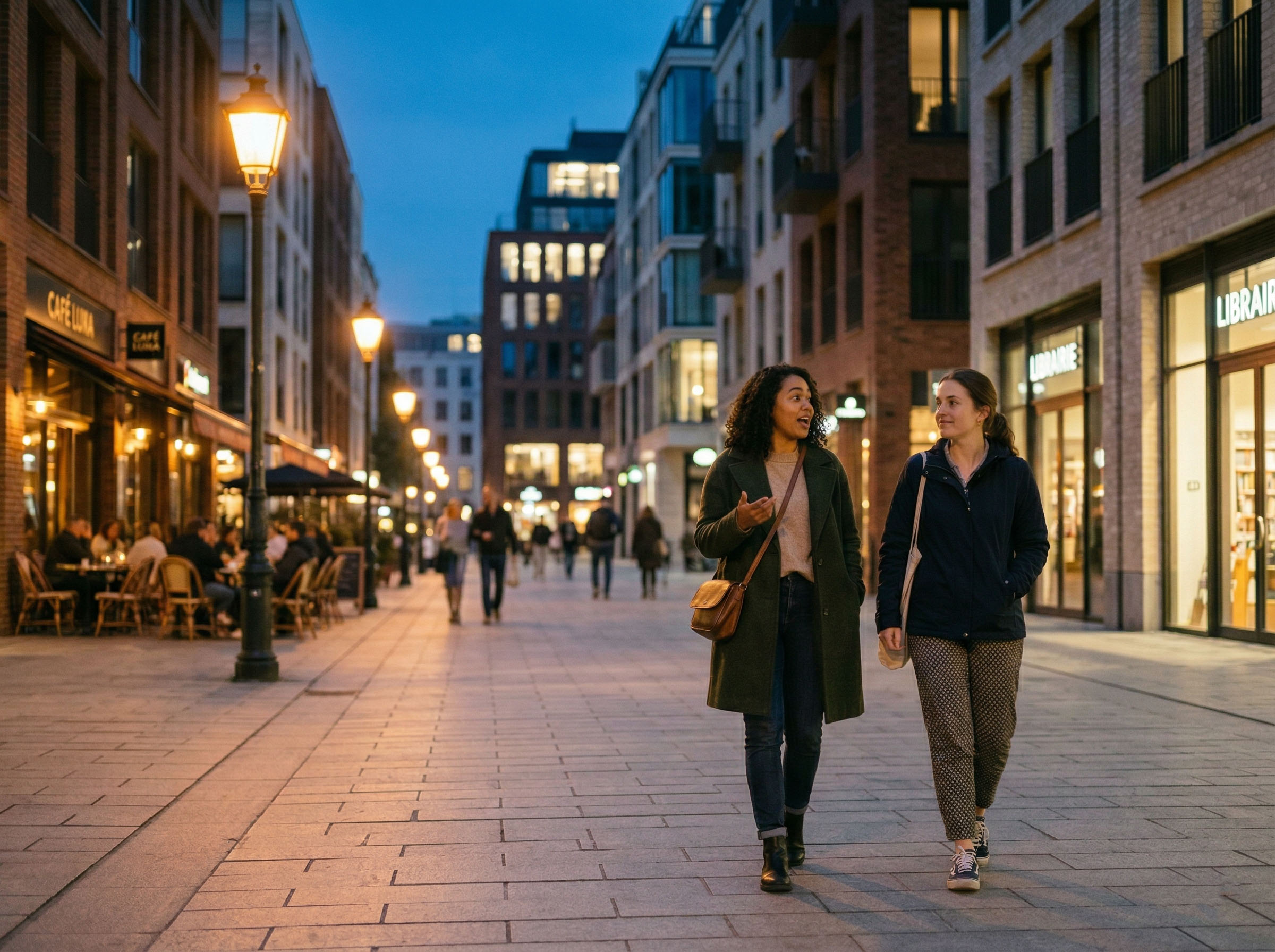 Two women walking confidently together in an urban setting at dusk