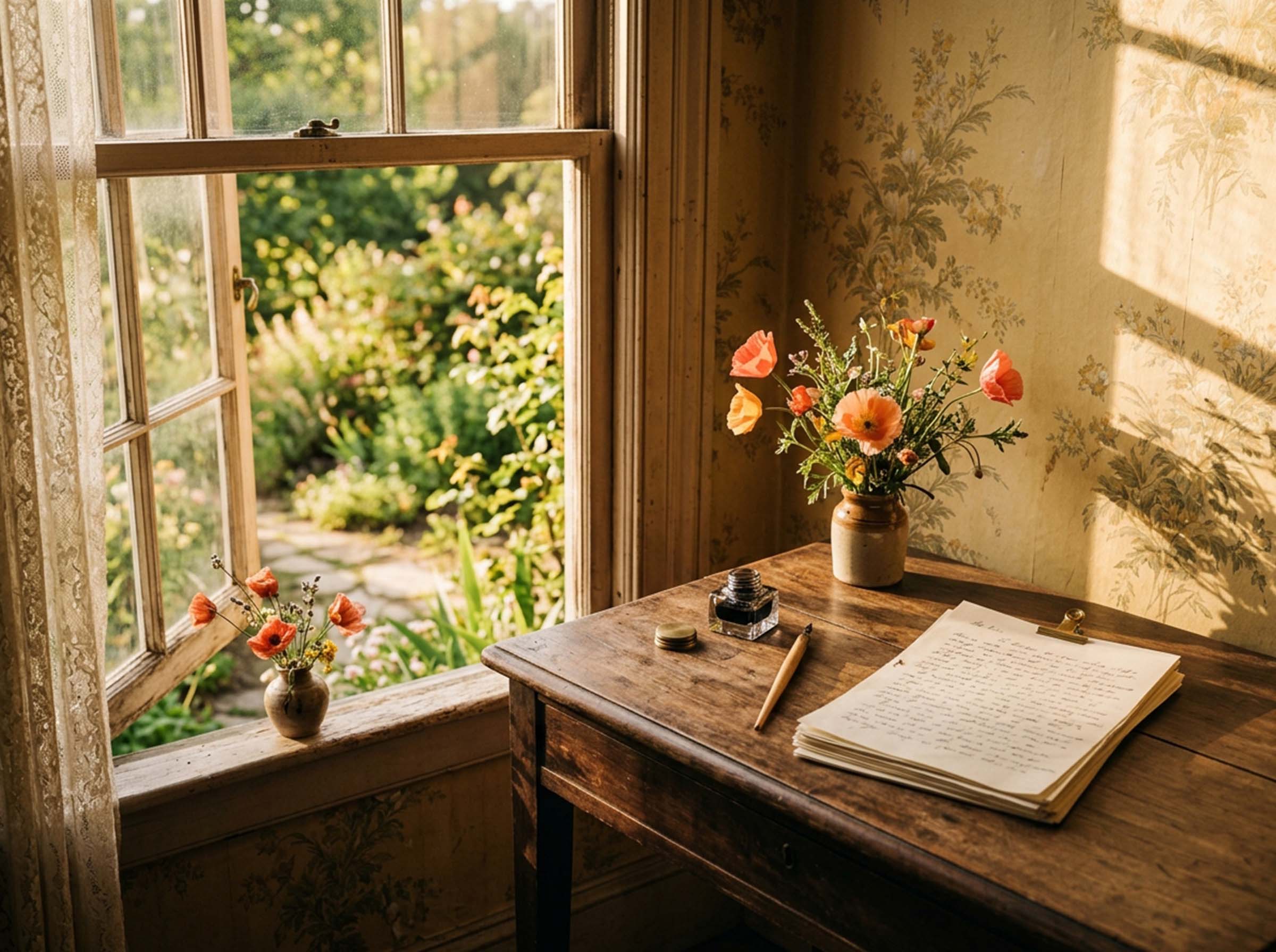 Antique wooden writing desk by a sunlit window with an inkwell, dip pen and handwritten manuscript pages, evoking Charlotte Perkins Gilman writing The Yellow Wallpaper