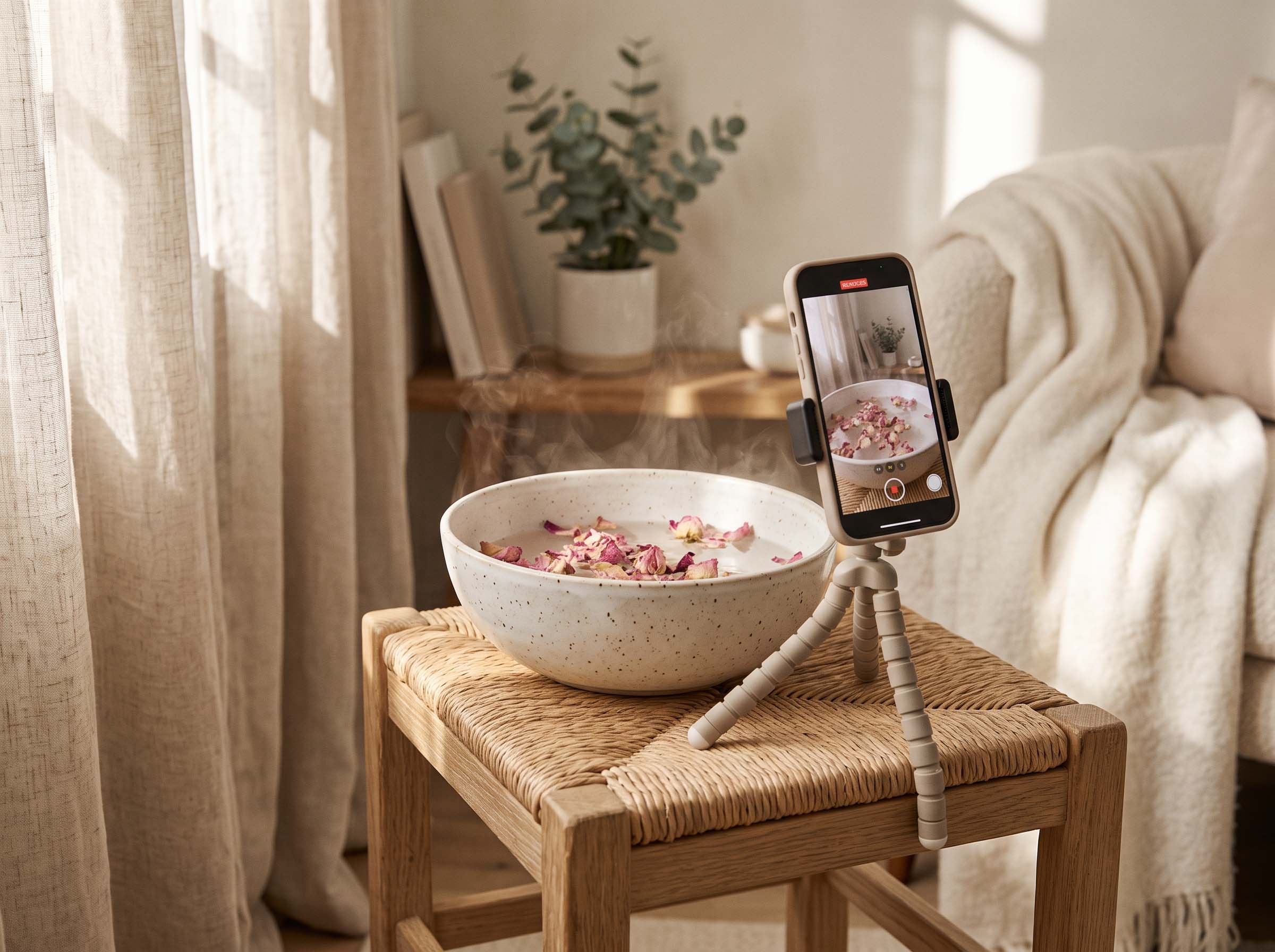 Woman filming a steaming herbal bowl ritual on a phone tripod in soft natural light