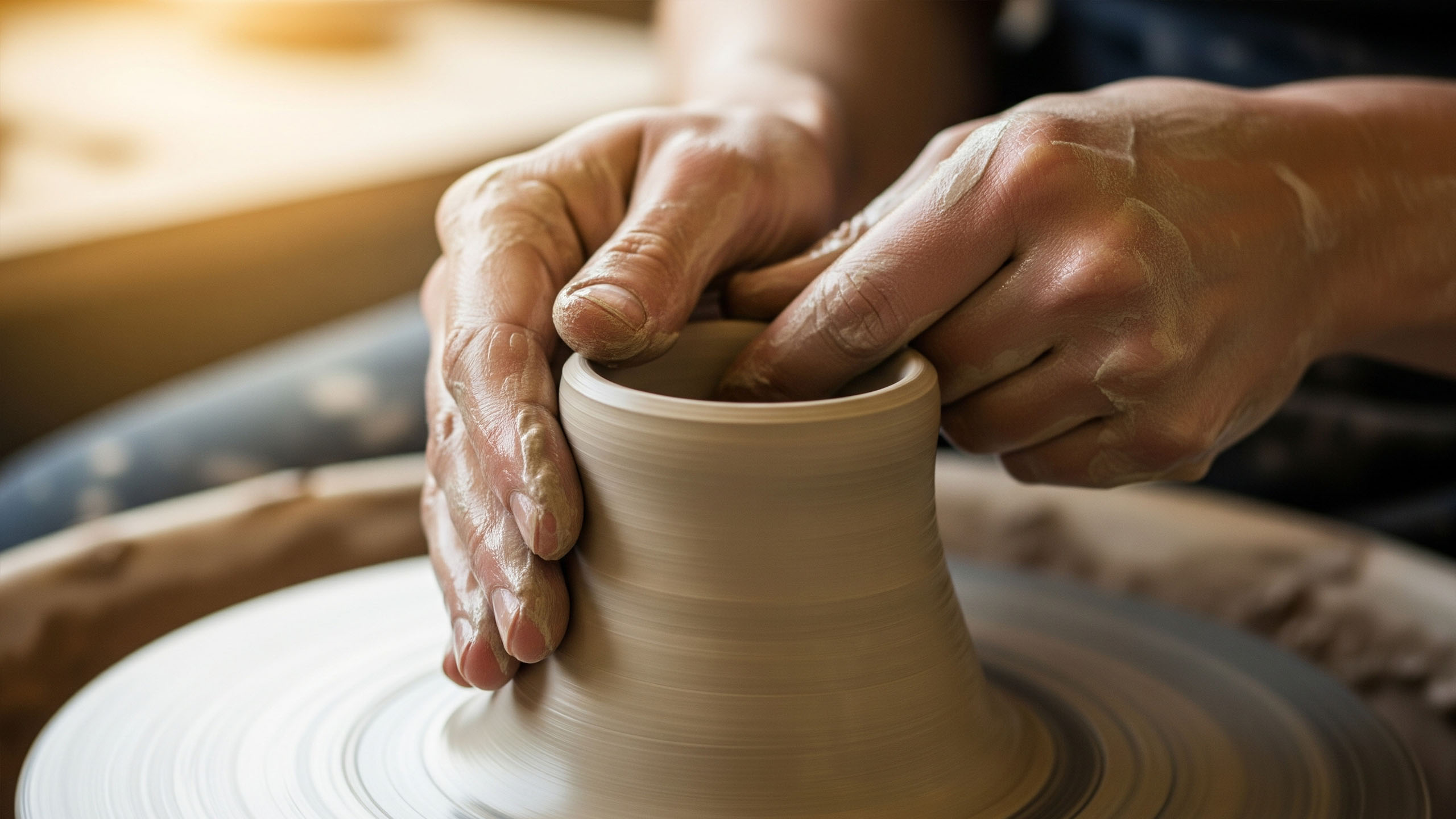 Diverse hands collaboratively shaping a piece of clay on a potter's wheel, symbolizing shared creative expression across cultures.