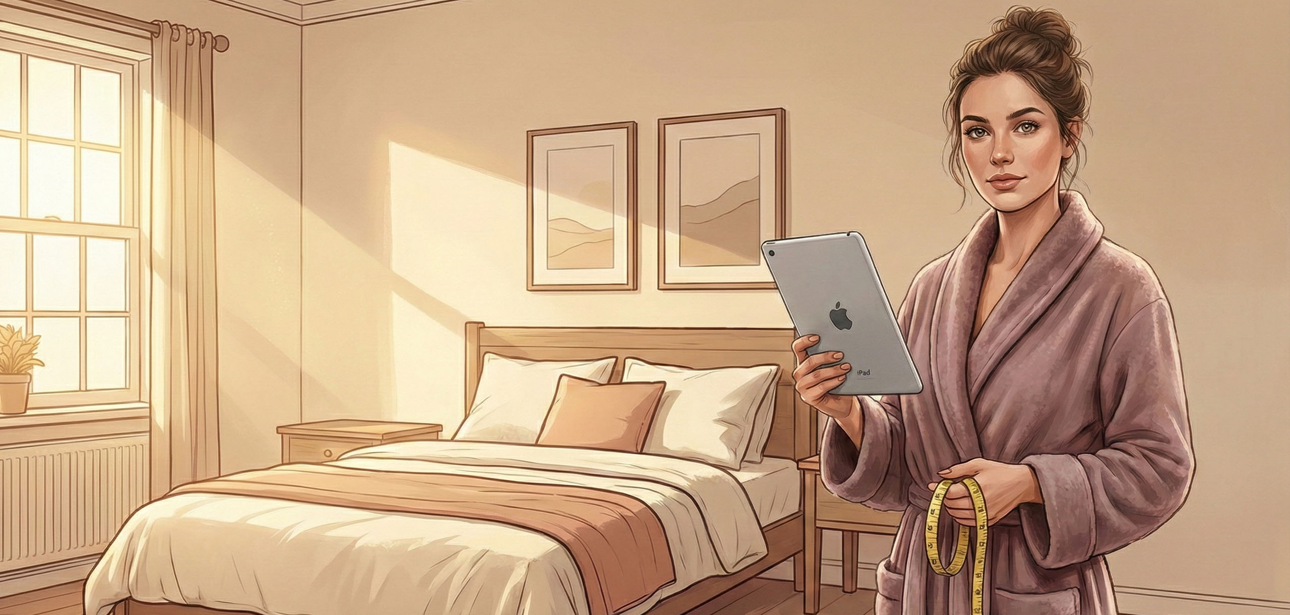 Woman in her bedroom with a measuring tape to participate in a body size study