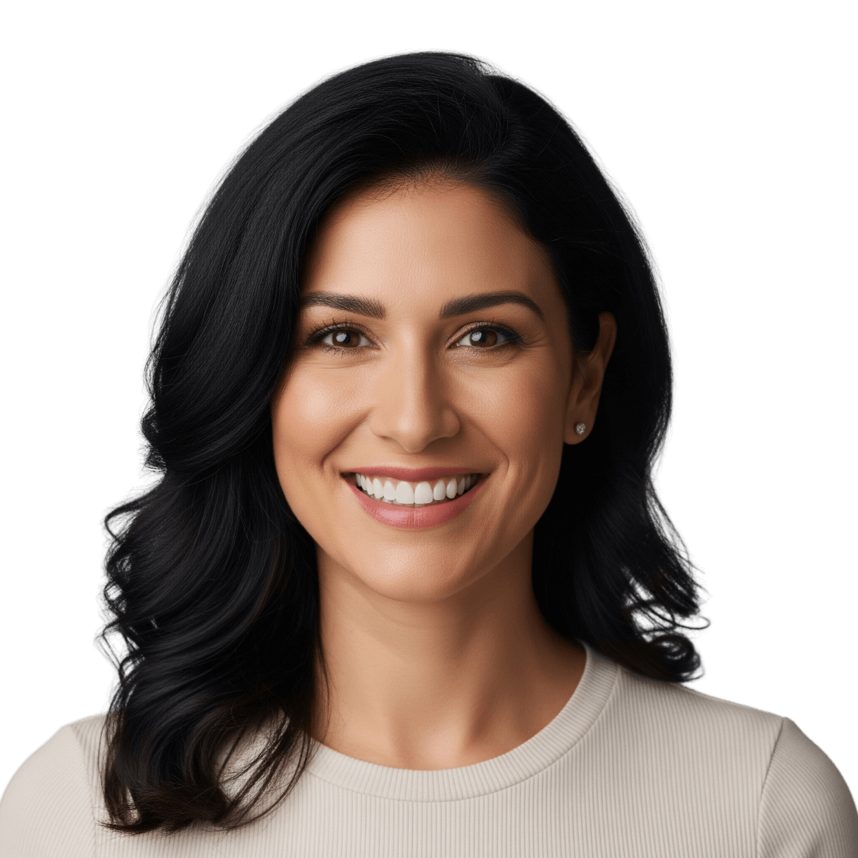 Une femme souriante invite les gens &agrave; participer &agrave; nos enqu&ecirc;tes en ligne