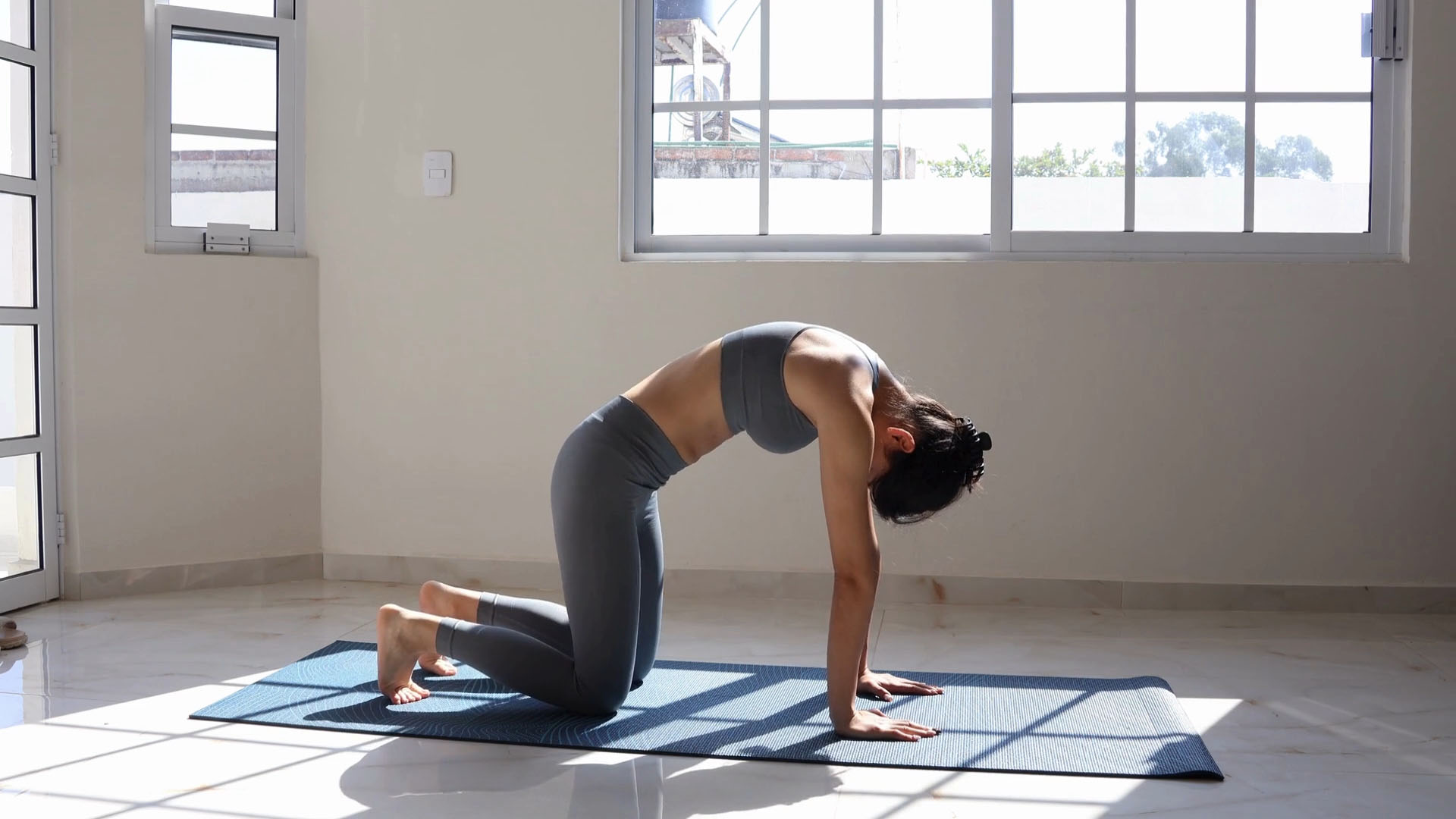 Femme pratiquant des &eacute;tirements doux sur un tapis de yoga